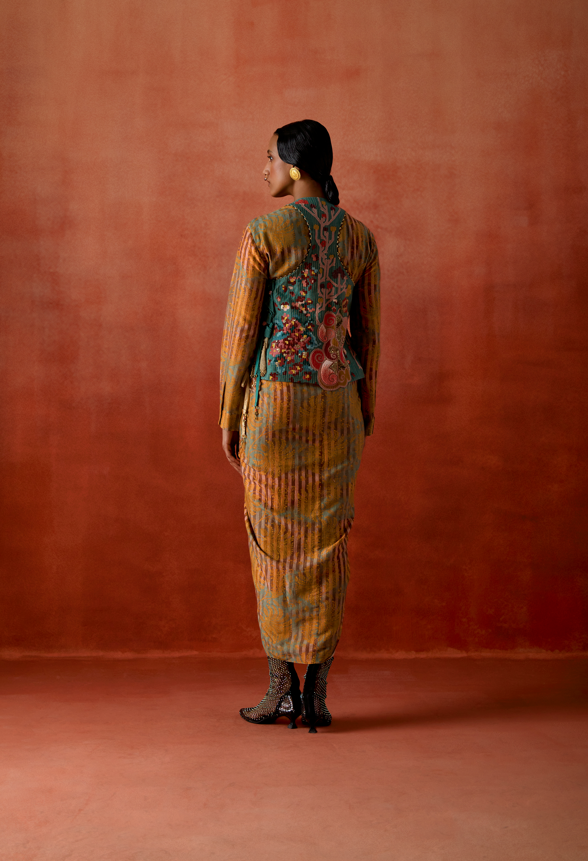 EMB ENGINEERED COWL RACER BACK JACKET + PRINTED PULL UP DRESS JACKET + DRESS