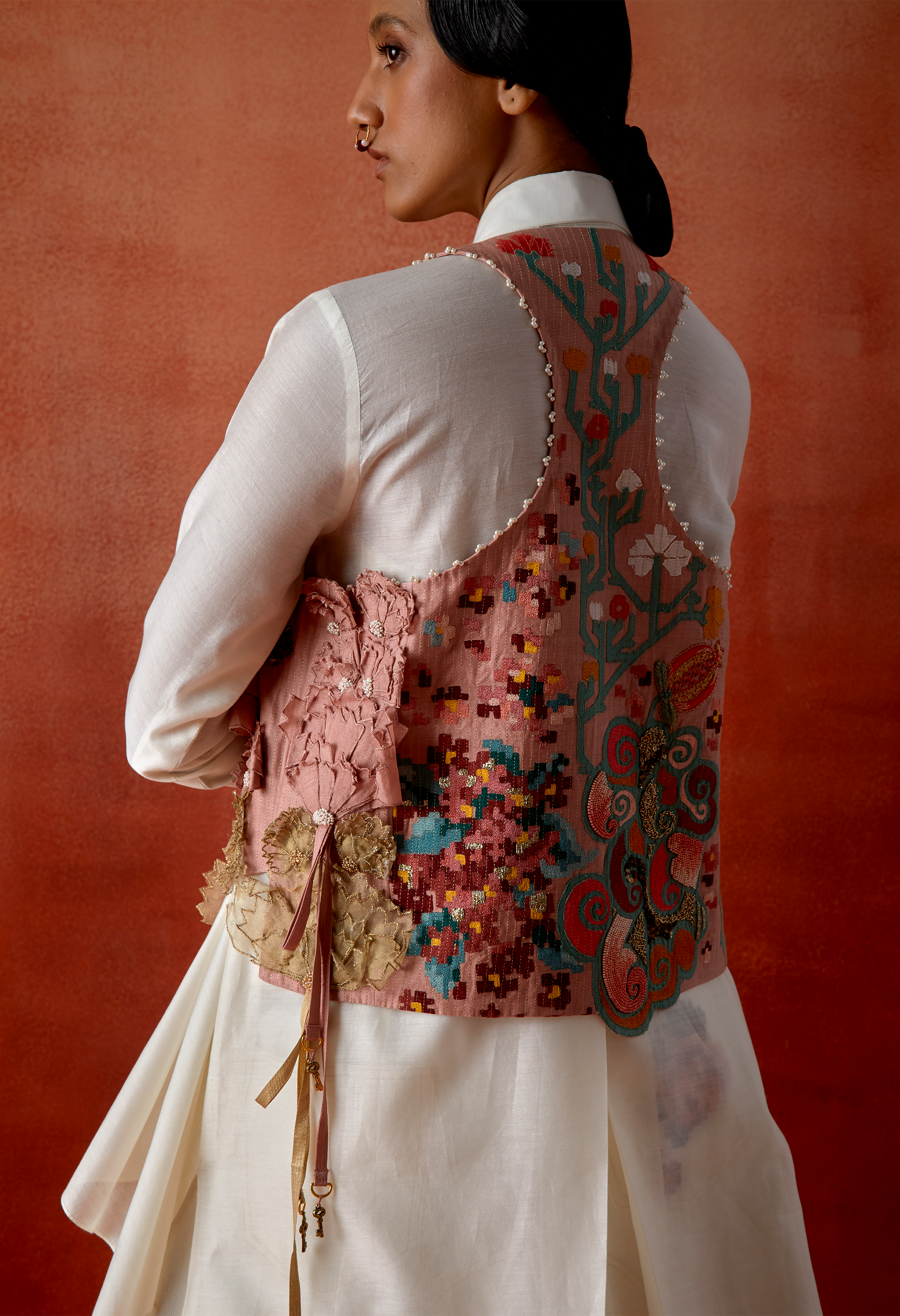 EMB ENGINEERED COWL RACER BACK JACKET + DRAPED SHIRT + DENIM BARREL SKIR