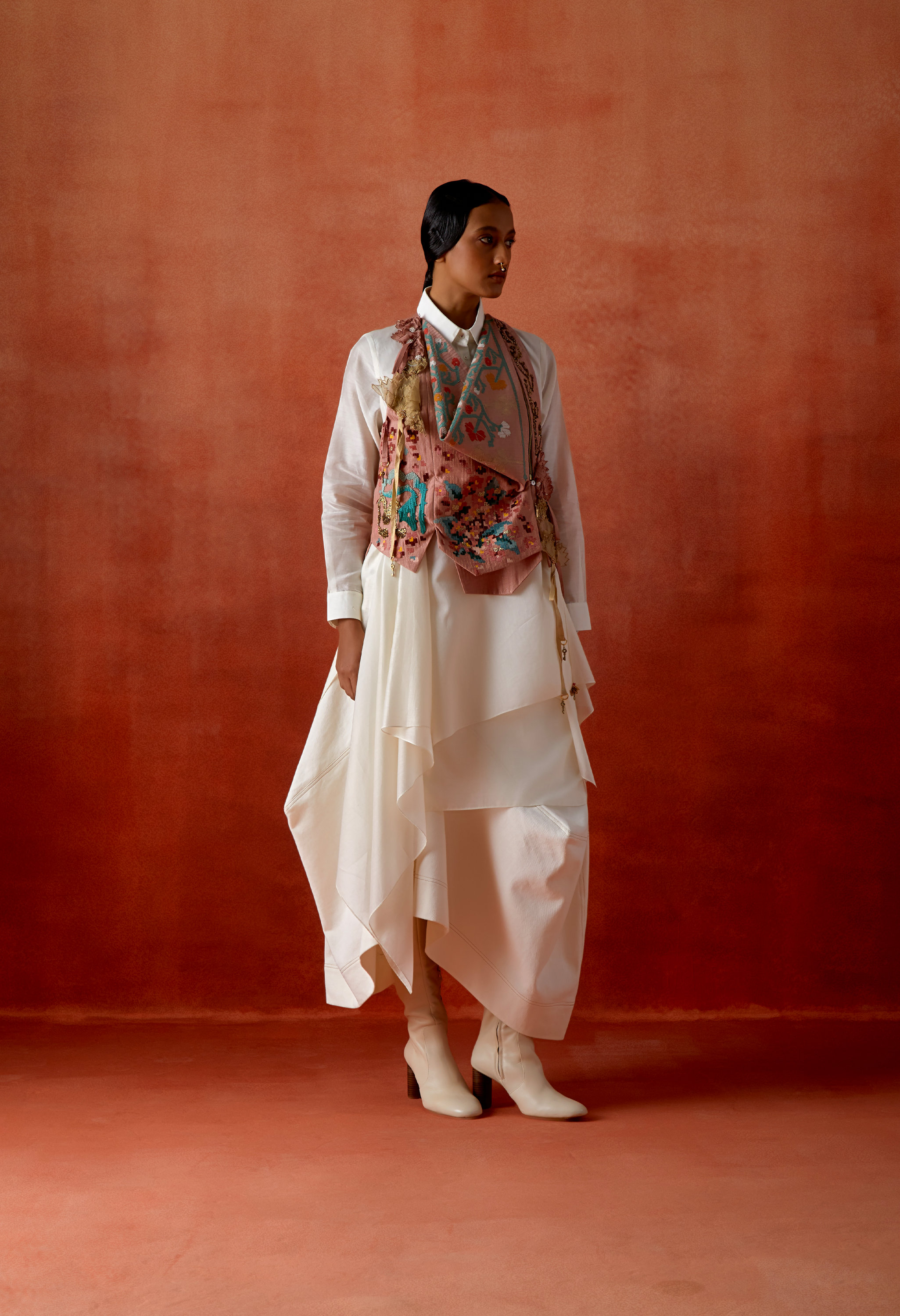 EMB ENGINEERED COWL RACER BACK JACKET + DRAPED SHIRT + DENIM BARREL SKIR