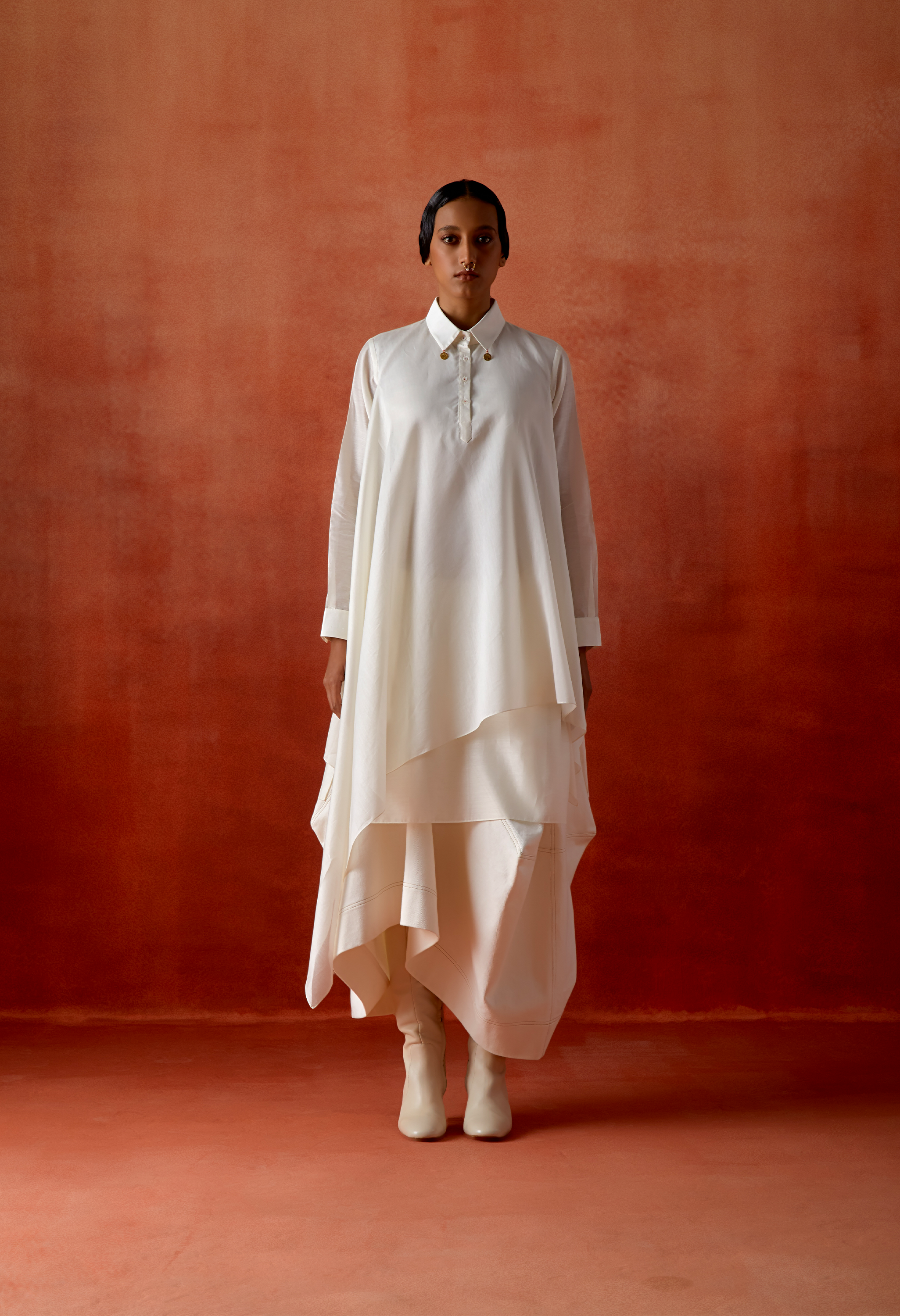 EMB ENGINEERED COWL RACER BACK JACKET + DRAPED SHIRT + DENIM BARREL SKIR