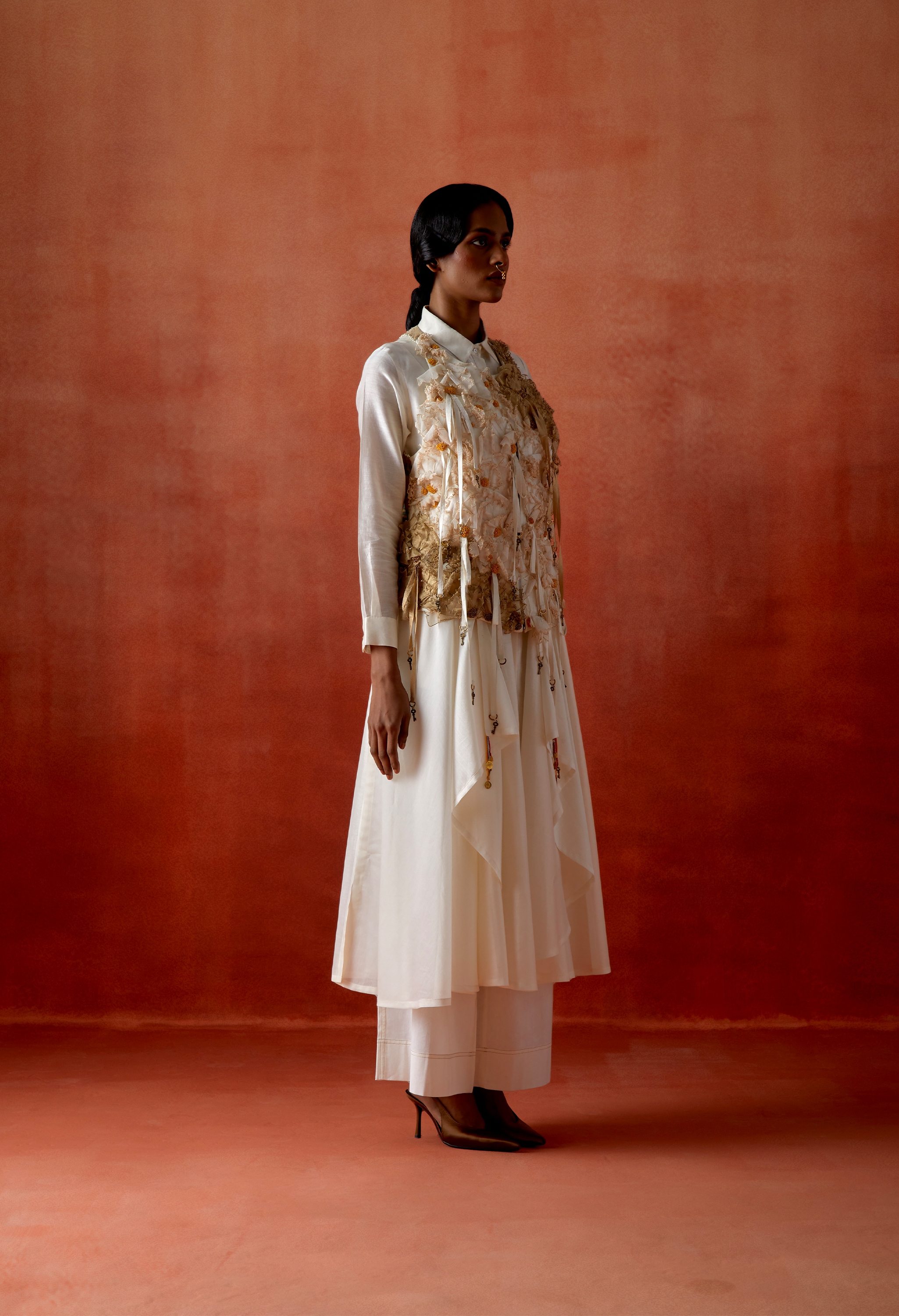 3D FLOWER RACER BACK JACKET + CASCADE SHIRT AND FLARED PANTS