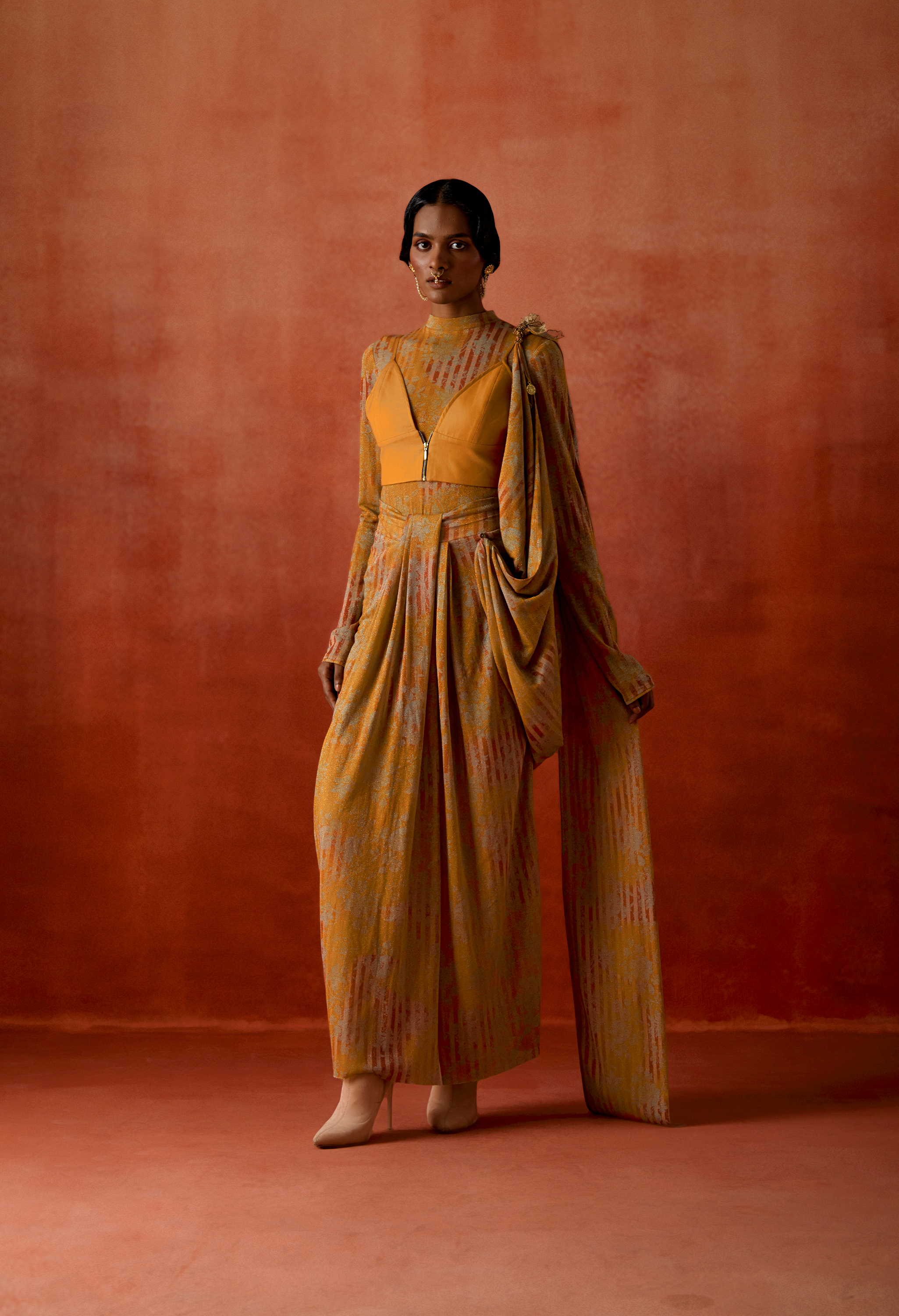 GOLD JERSEY DRAPED SARI + BODY SUIT + ZIPPERED BRALETTE