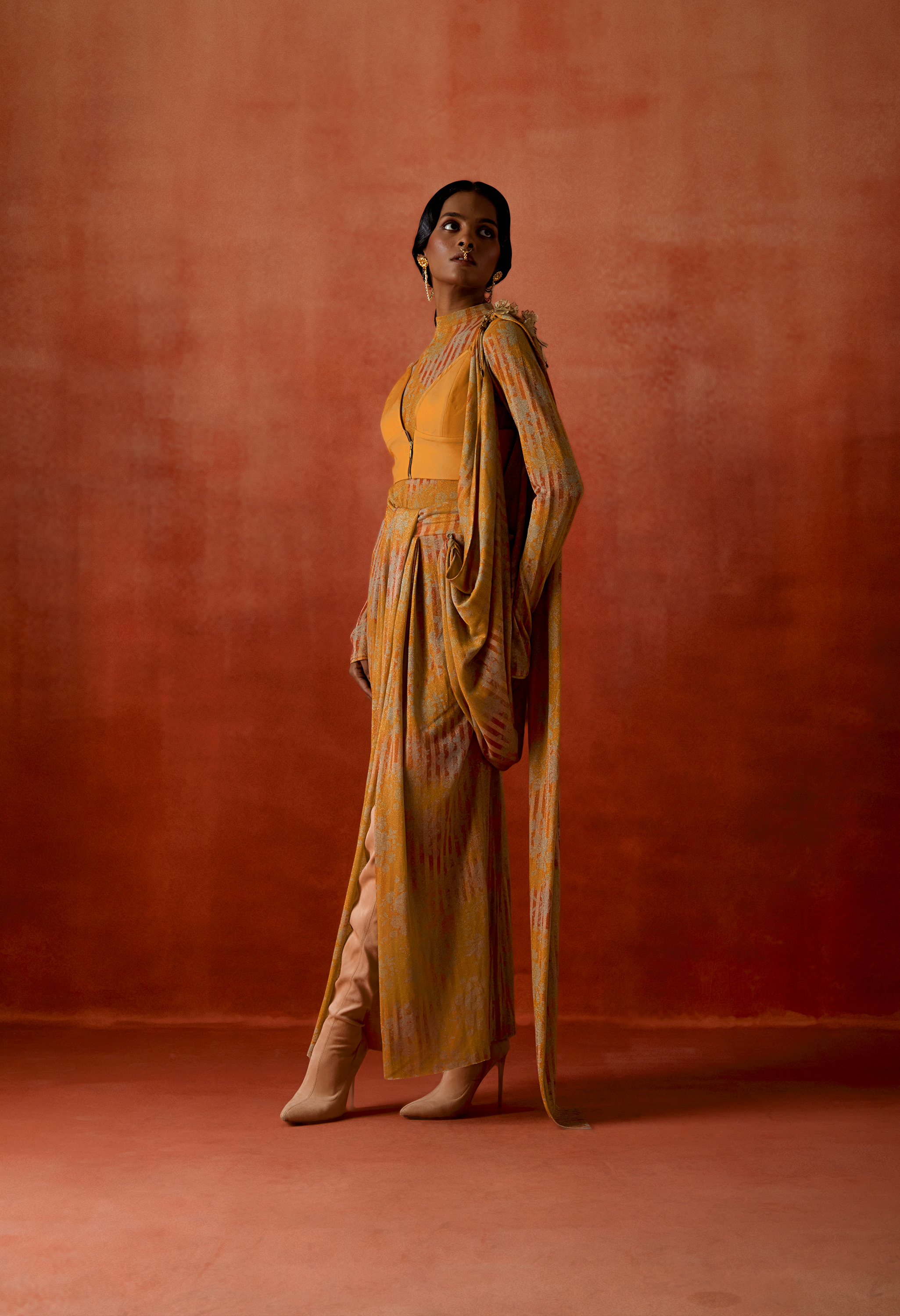 GOLD JERSEY DRAPED SARI + BODY SUIT + ZIPPERED BRALETTE