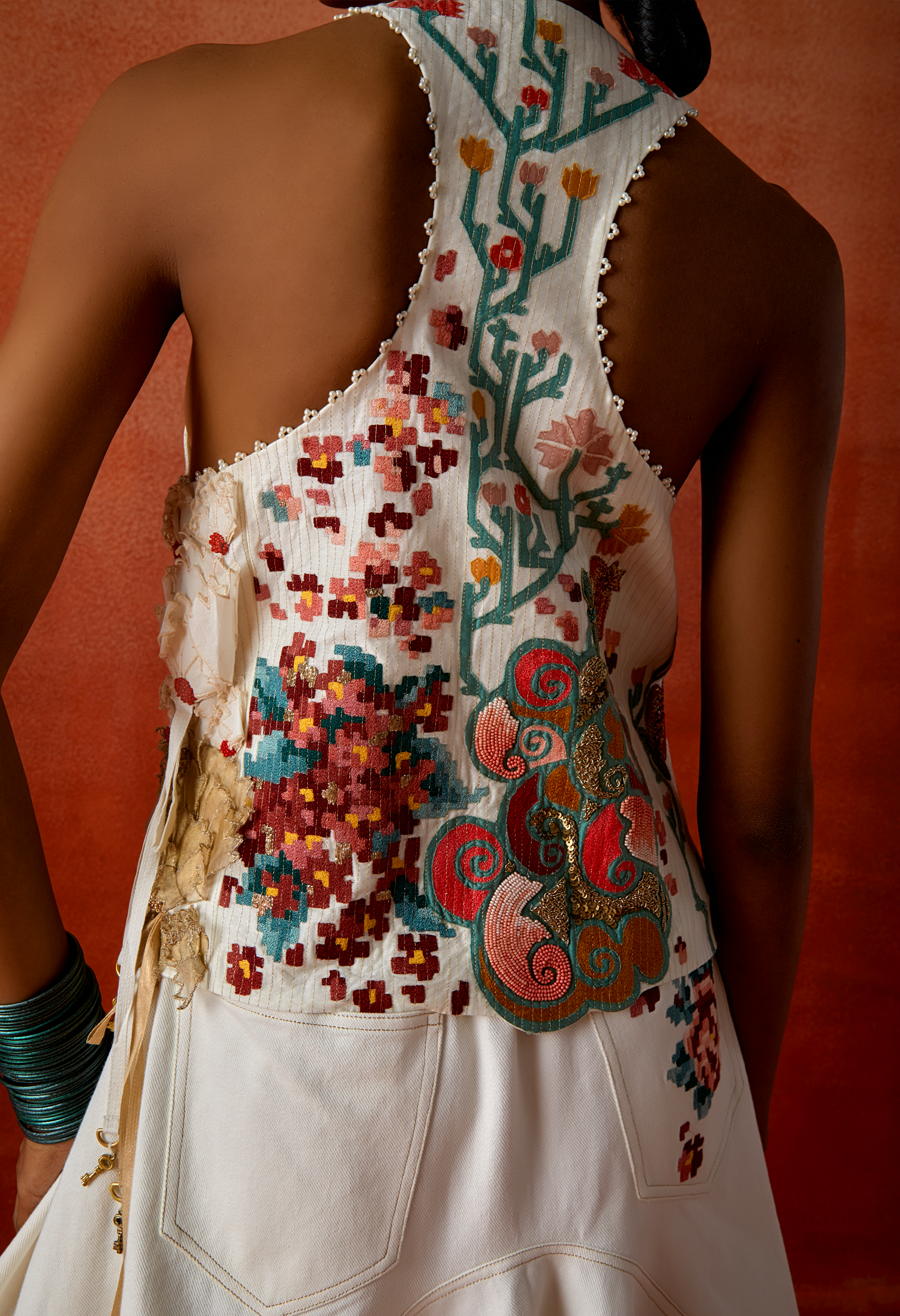 EMB ENGINEERED COWL RACER BACK JACKET + DENIM BARELL SKIRT