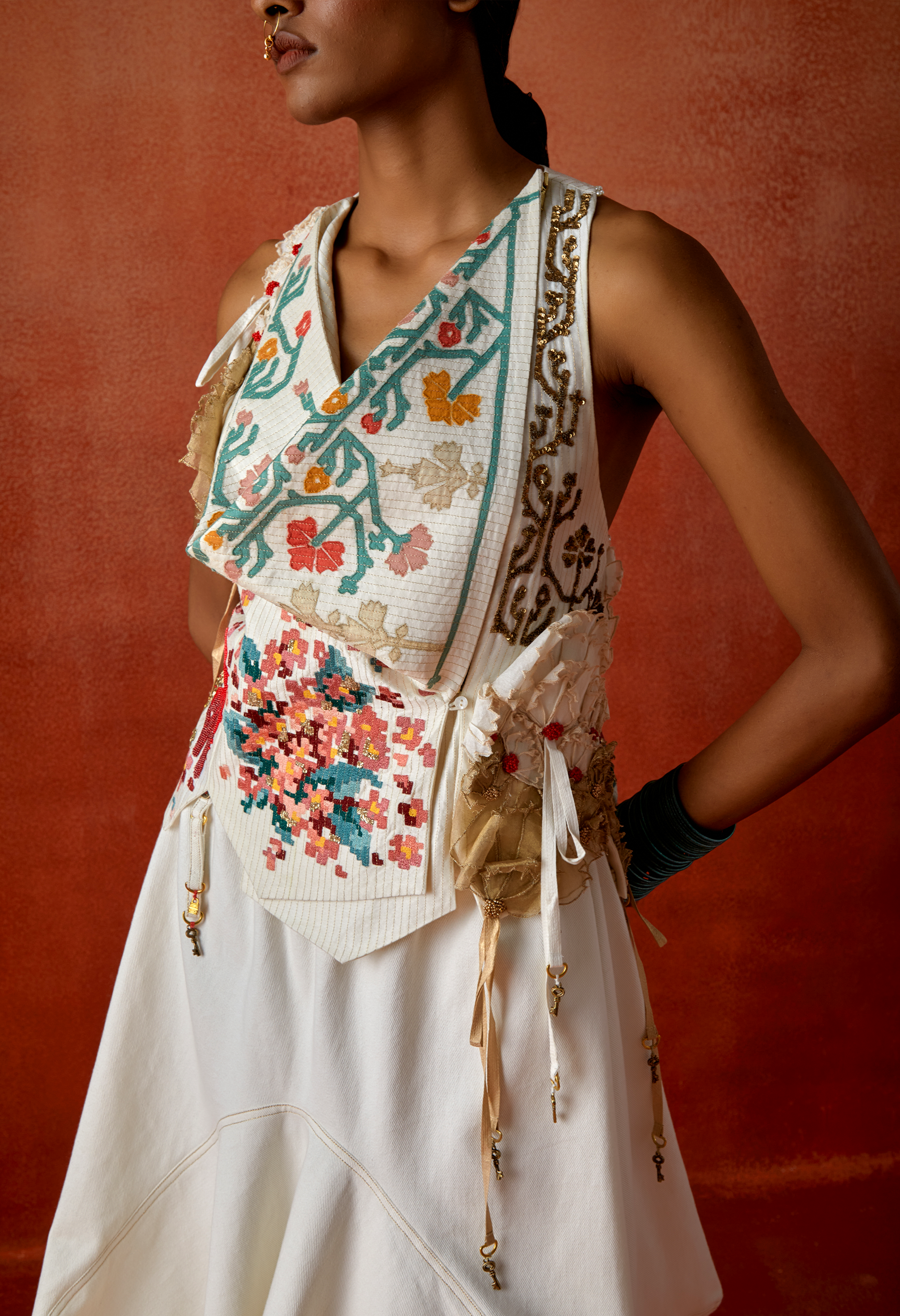 EMB ENGINEERED COWL RACER BACK JACKET + DENIM BARELL SKIRT