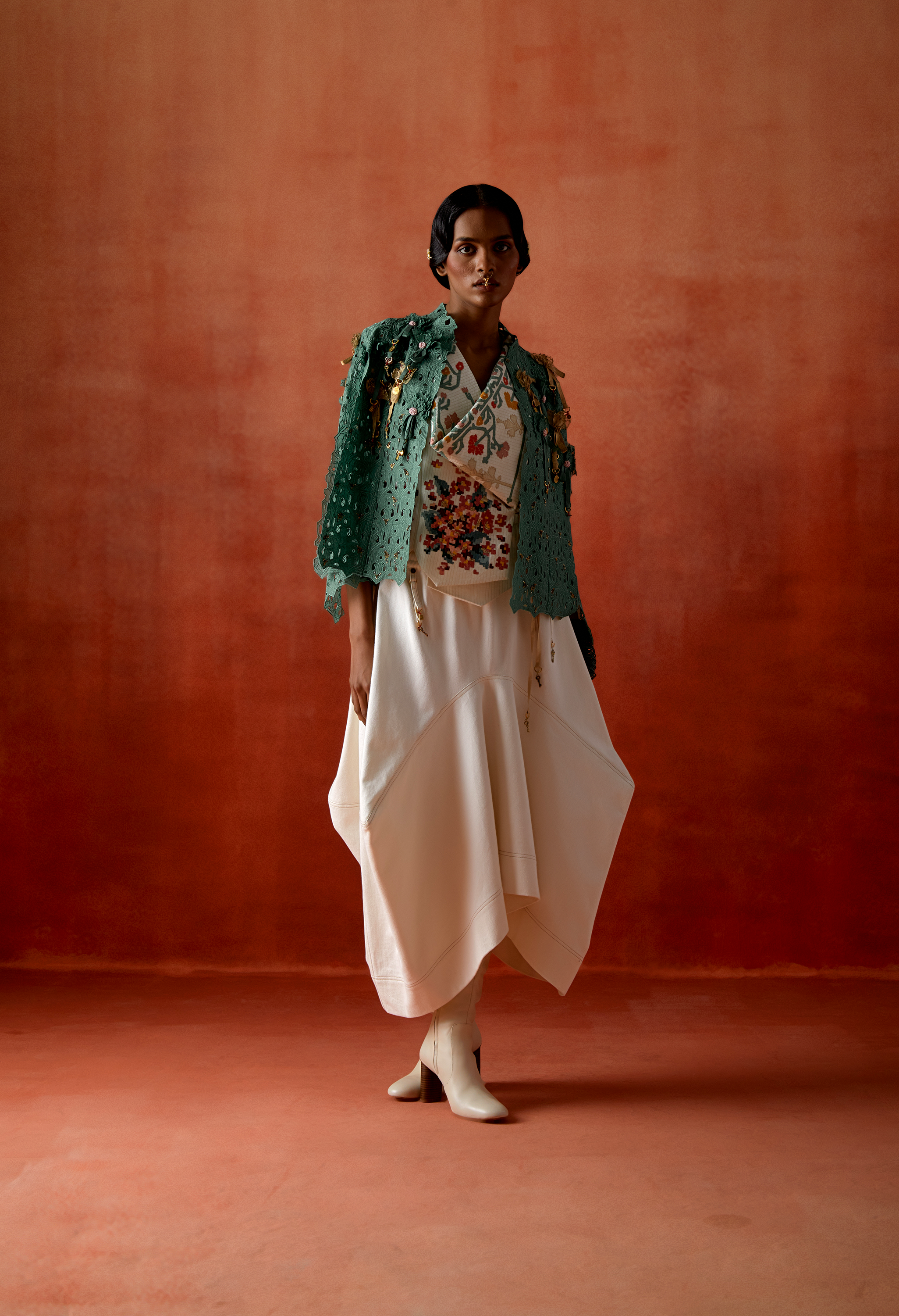 EMB ENGINEERED COWL RACER BACK JACKET + EMB CUTWORK CAPE + DENIM BARELL SKIRT