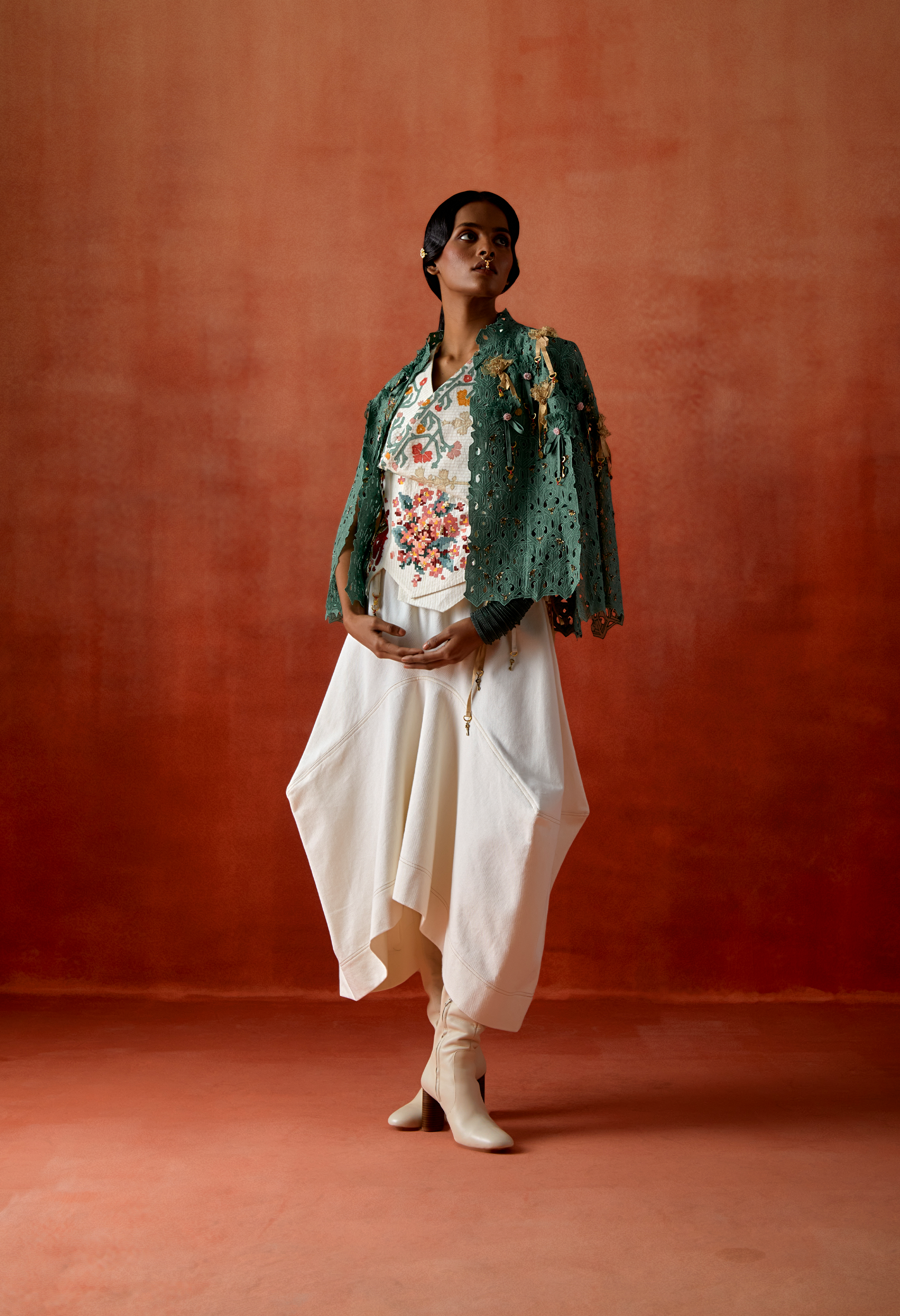 EMB ENGINEERED COWL RACER BACK JACKET + EMB CUTWORK CAPE + DENIM BARELL SKIRT