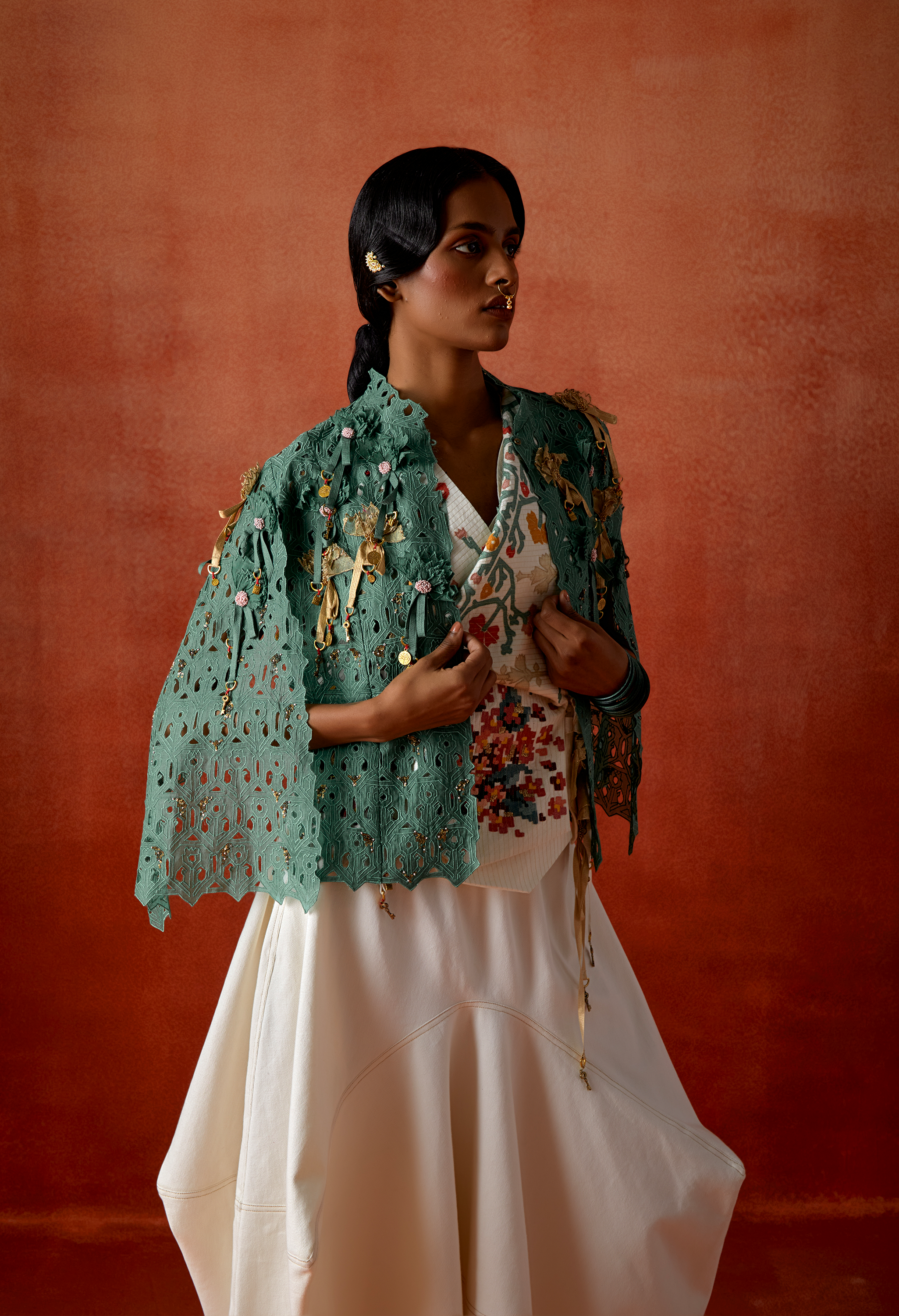 EMB ENGINEERED COWL RACER BACK JACKET + EMB CUTWORK CAPE + DENIM BARELL SKIRT