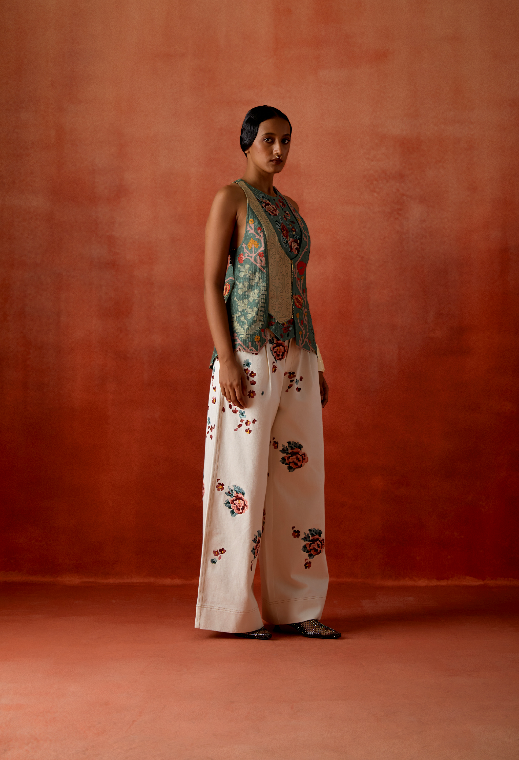 EMB RACERBACK ANGRAKHA STYLE JACKET WITH EMB DENIM PANTS