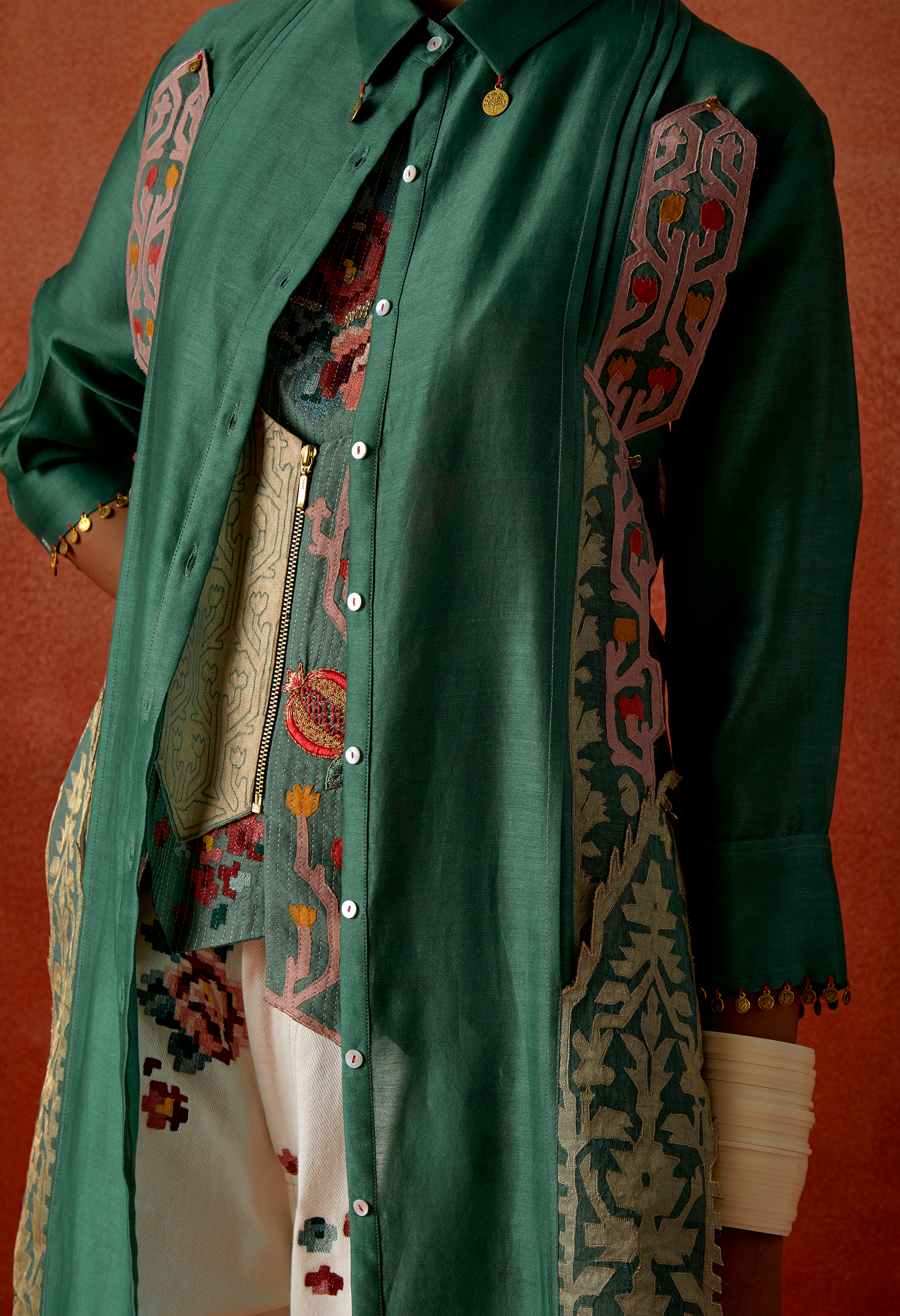 PLEATED SHIRT WITH EMB RACER BACK ANGRAKHA STYLE JACKET + EMB DENIM PANTS