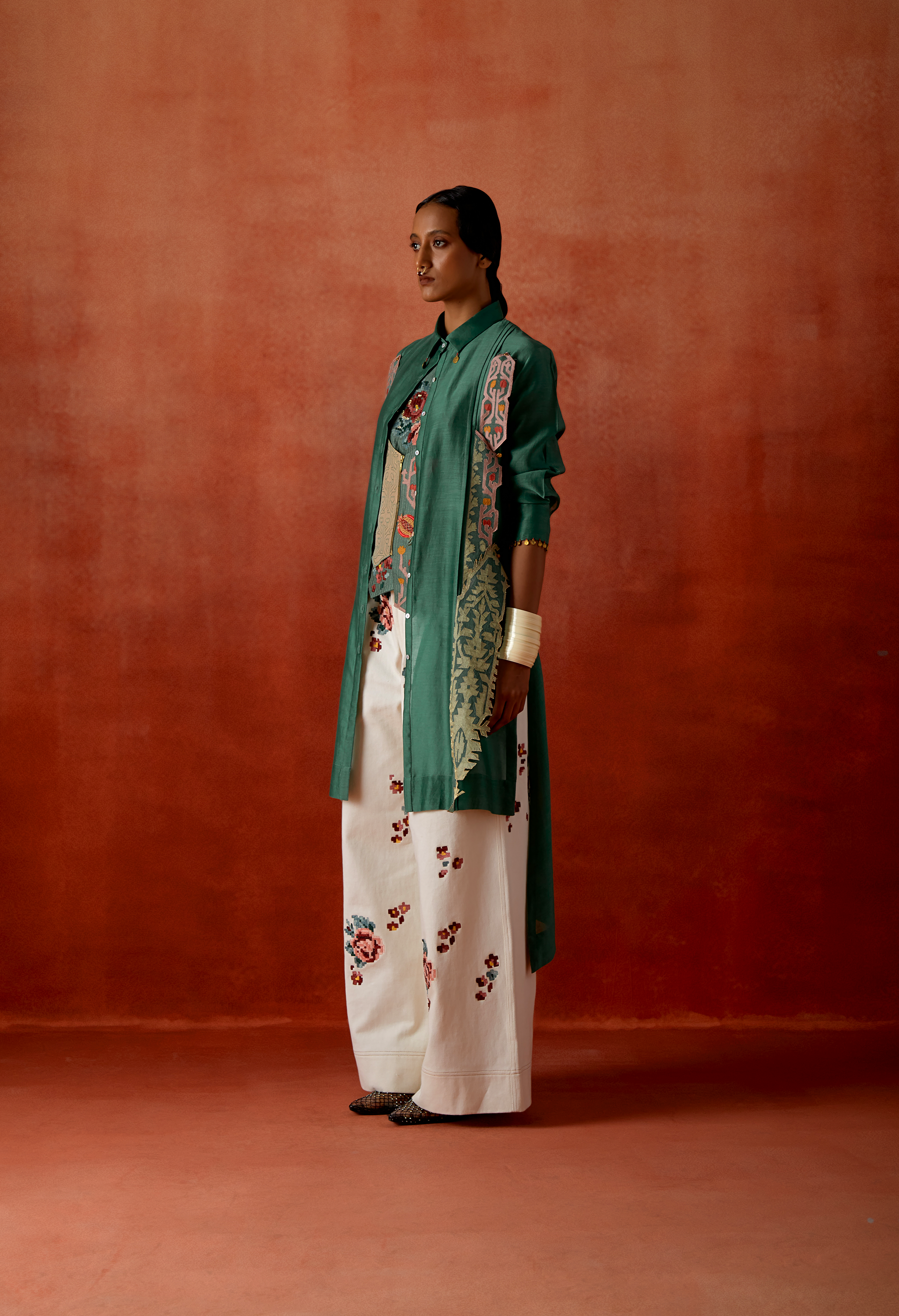 PLEATED SHIRT WITH EMB RACER BACK ANGRAKHA STYLE JACKET + EMB DENIM PANTS