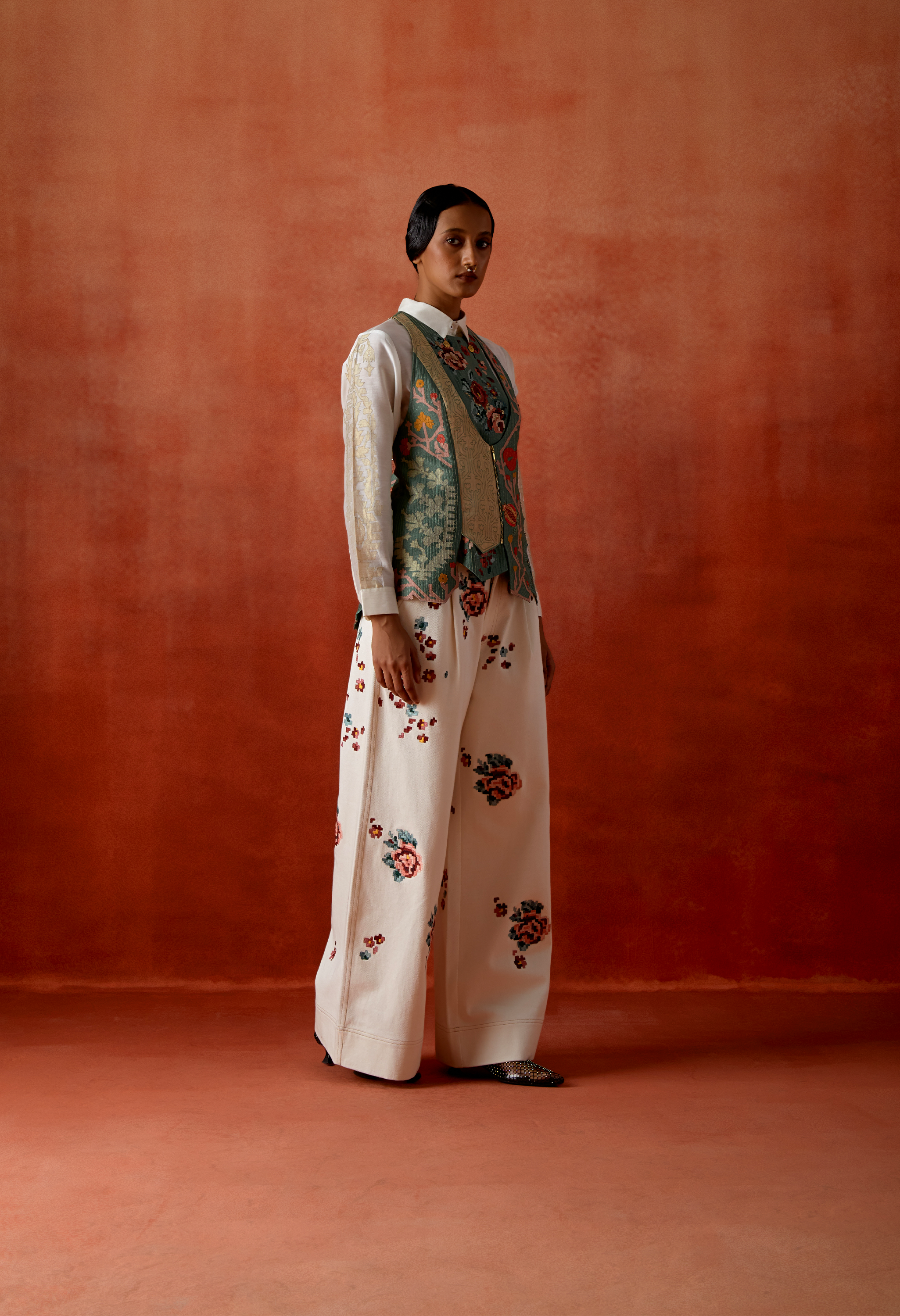 EMB SLEEVED SHIRT WITH EMB RACER BACK ANGRAKHA STYLE JACKET + EMB DENIM PANTS