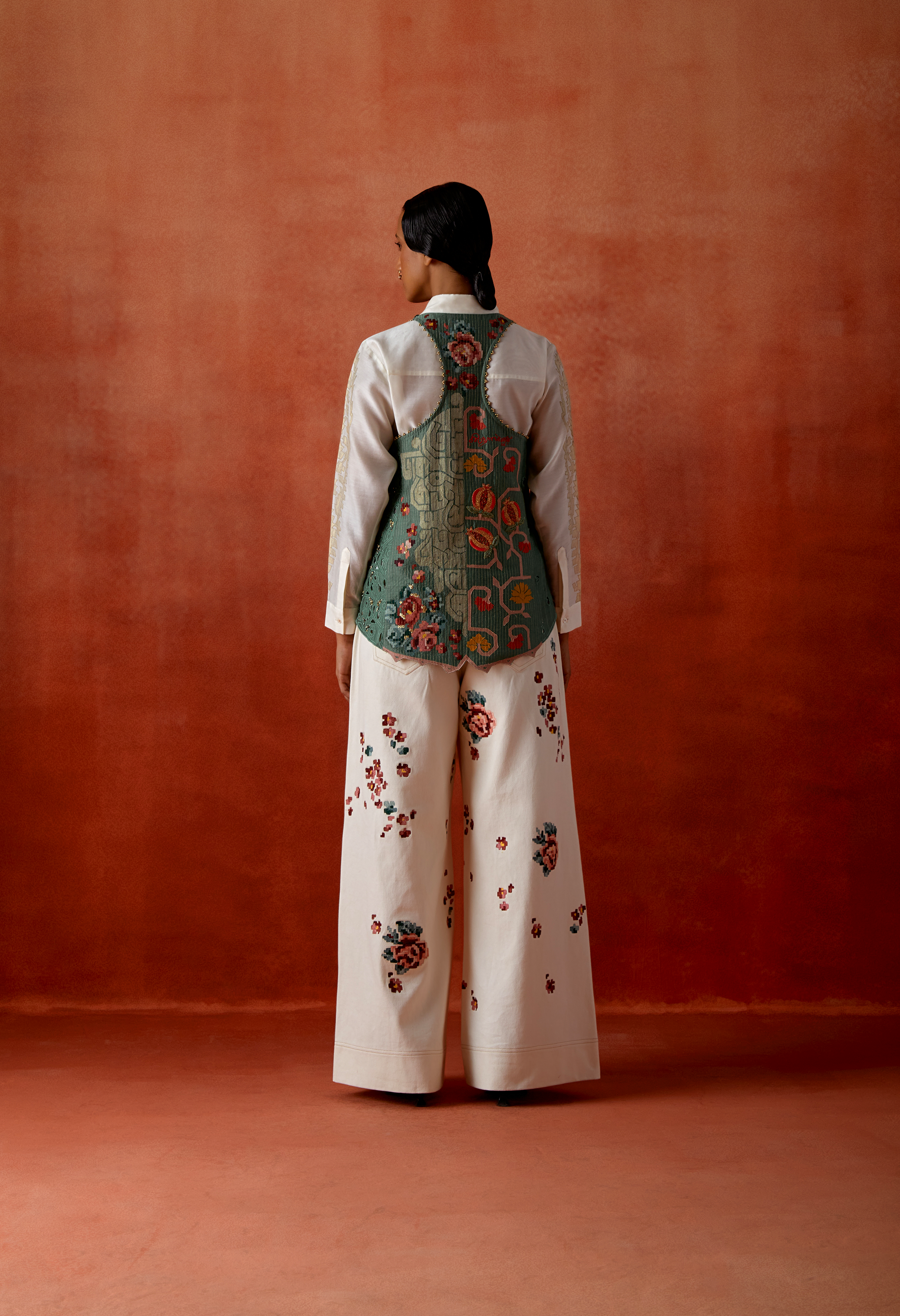 EMB SLEEVED SHIRT WITH EMB RACER BACK ANGRAKHA STYLE JACKET + EMB DENIM PANTS