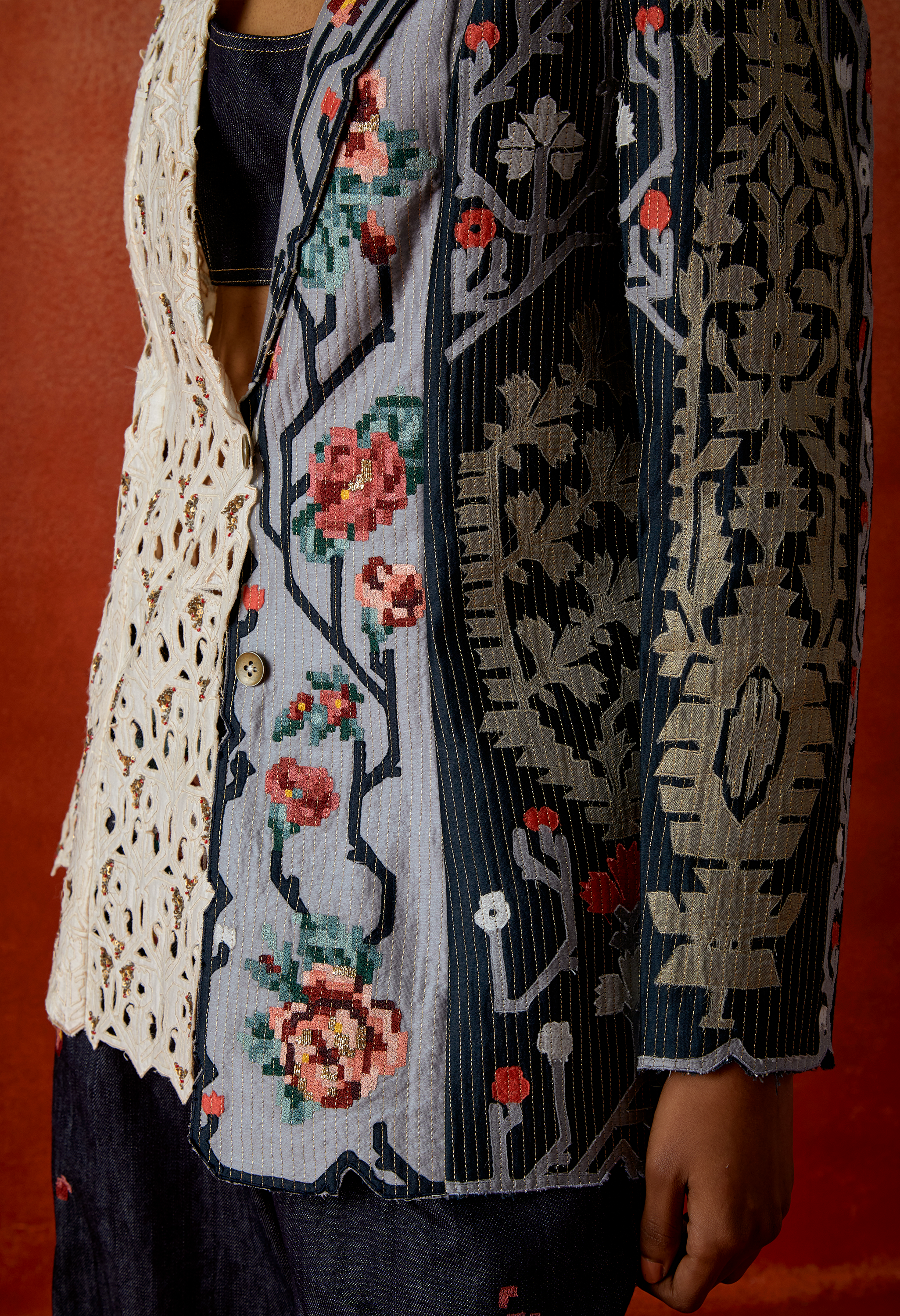 TRI COLOR KNOTCH COLLAR JACKET WITH EMB DENIM PANTS