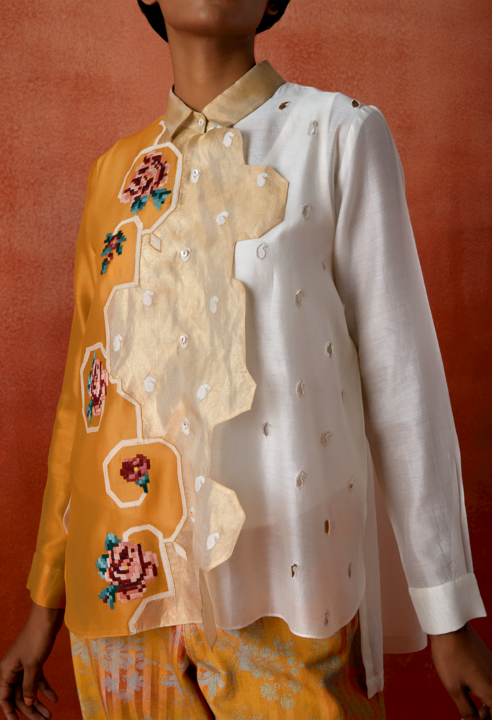 EMB TRI COLOR SHIRT WITH PRINTED DENIM PANTS