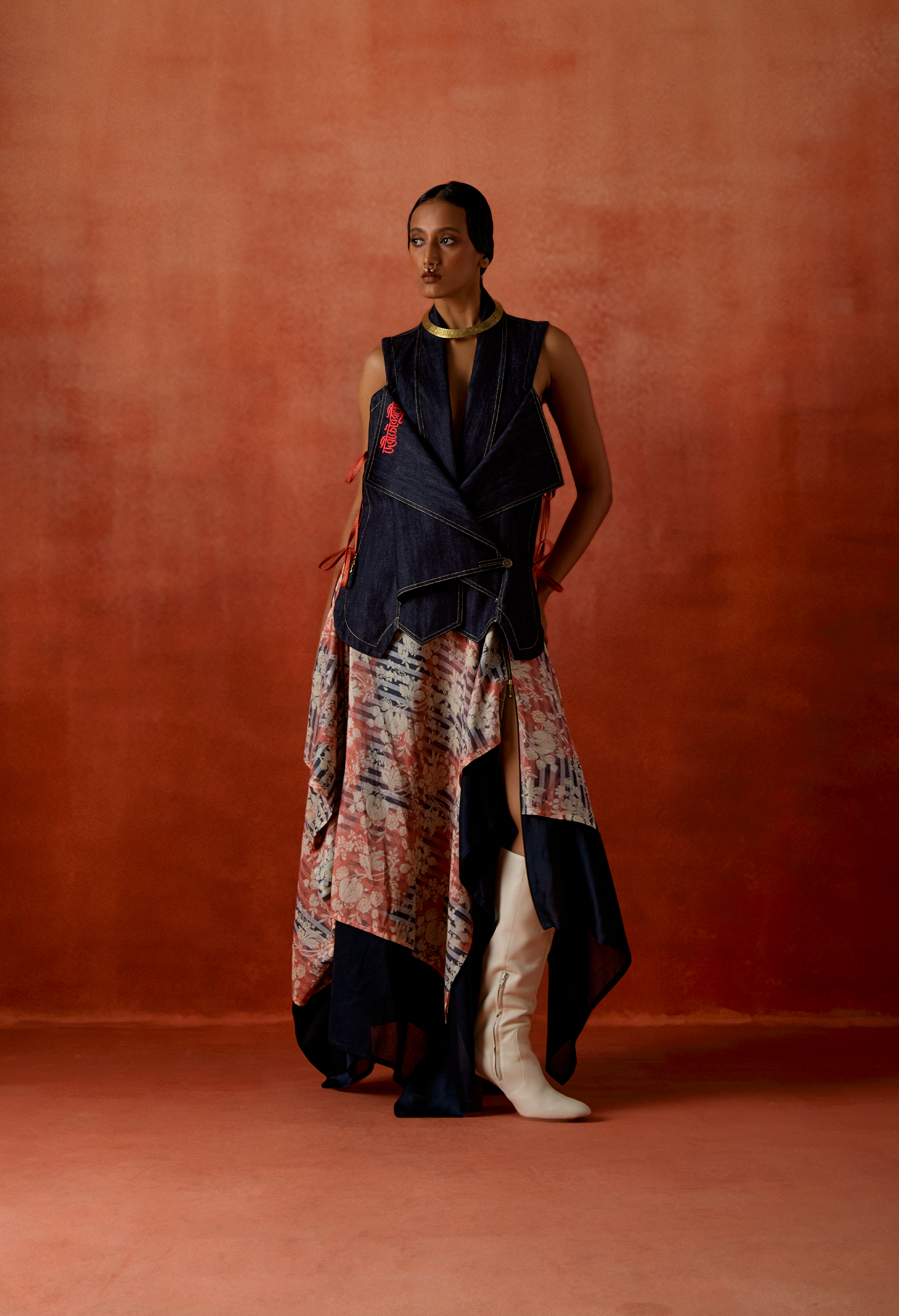 DENIM OVERLAP JACKET + ZIPPERED ASSYMTRICAL DOUBLE LAYERED SKIRT