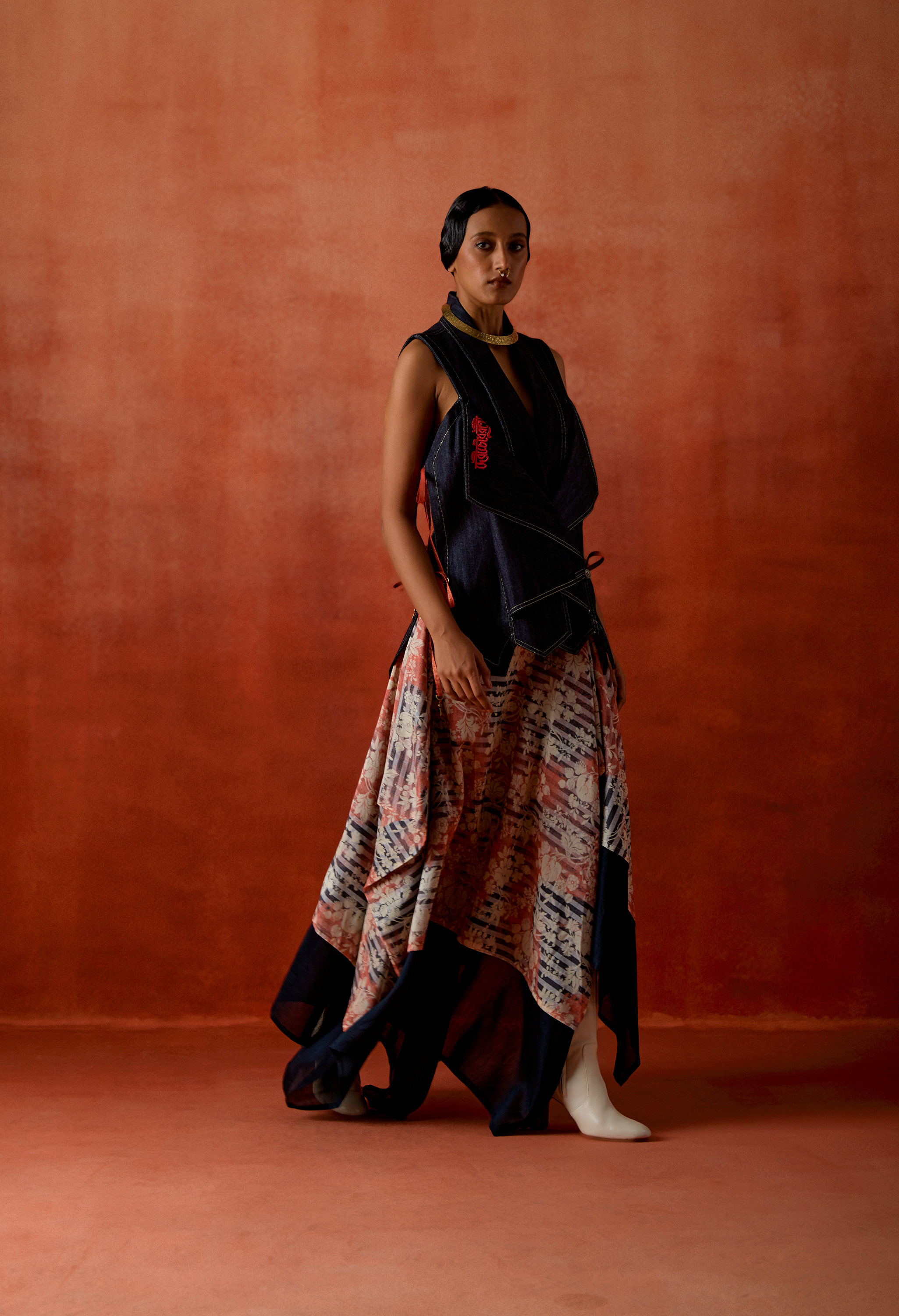 DENIM OVERLAP JACKET + ZIPPERED ASSYMTRICAL DOUBLE LAYERED SKIRT