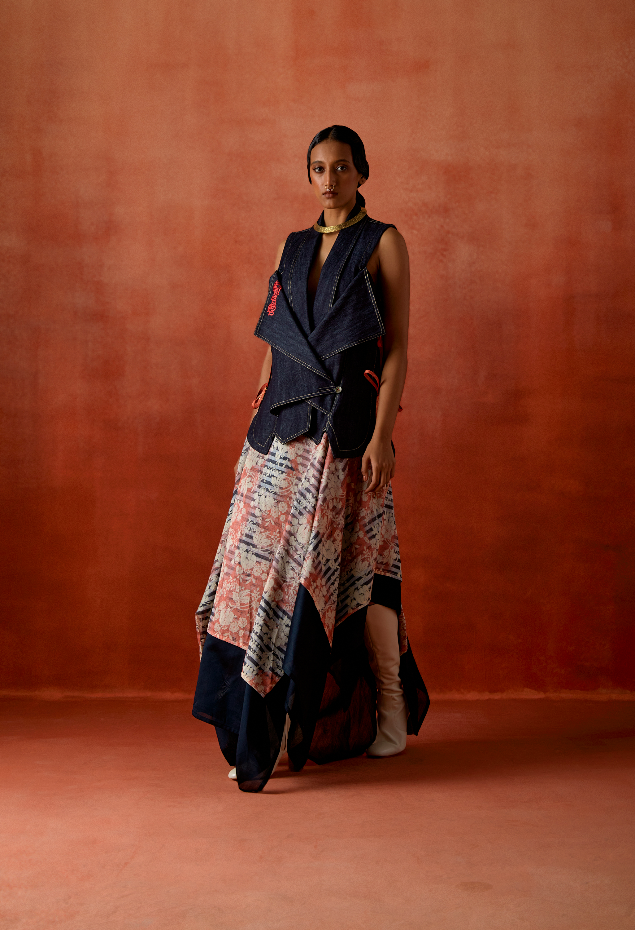 DENIM OVERLAP JACKET + ZIPPERED ASSYMTRICAL DOUBLE LAYERED SKIRT