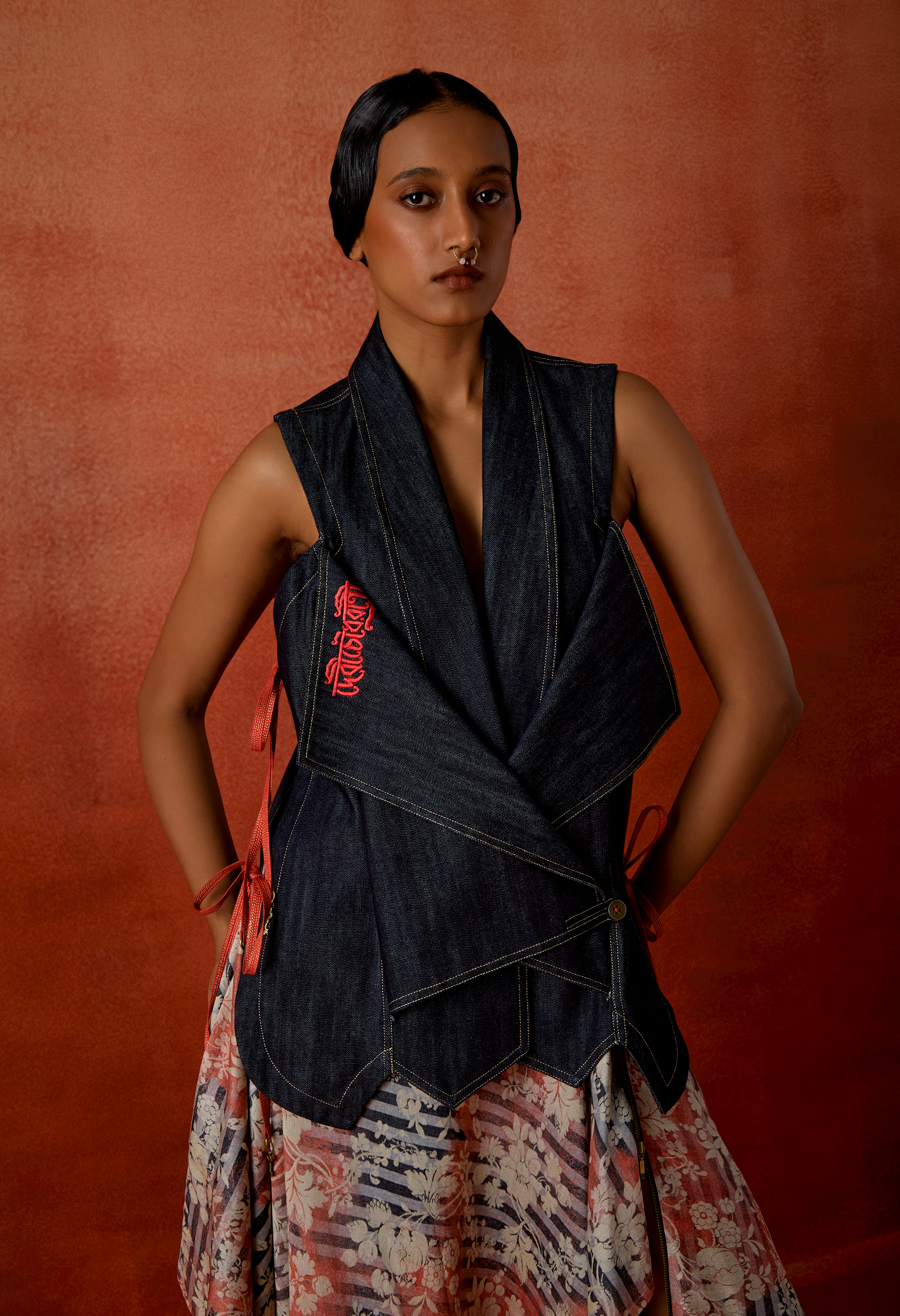 DENIM OVERLAP JACKET + ZIPPERED ASSYMTRICAL DOUBLE LAYERED SKIRT