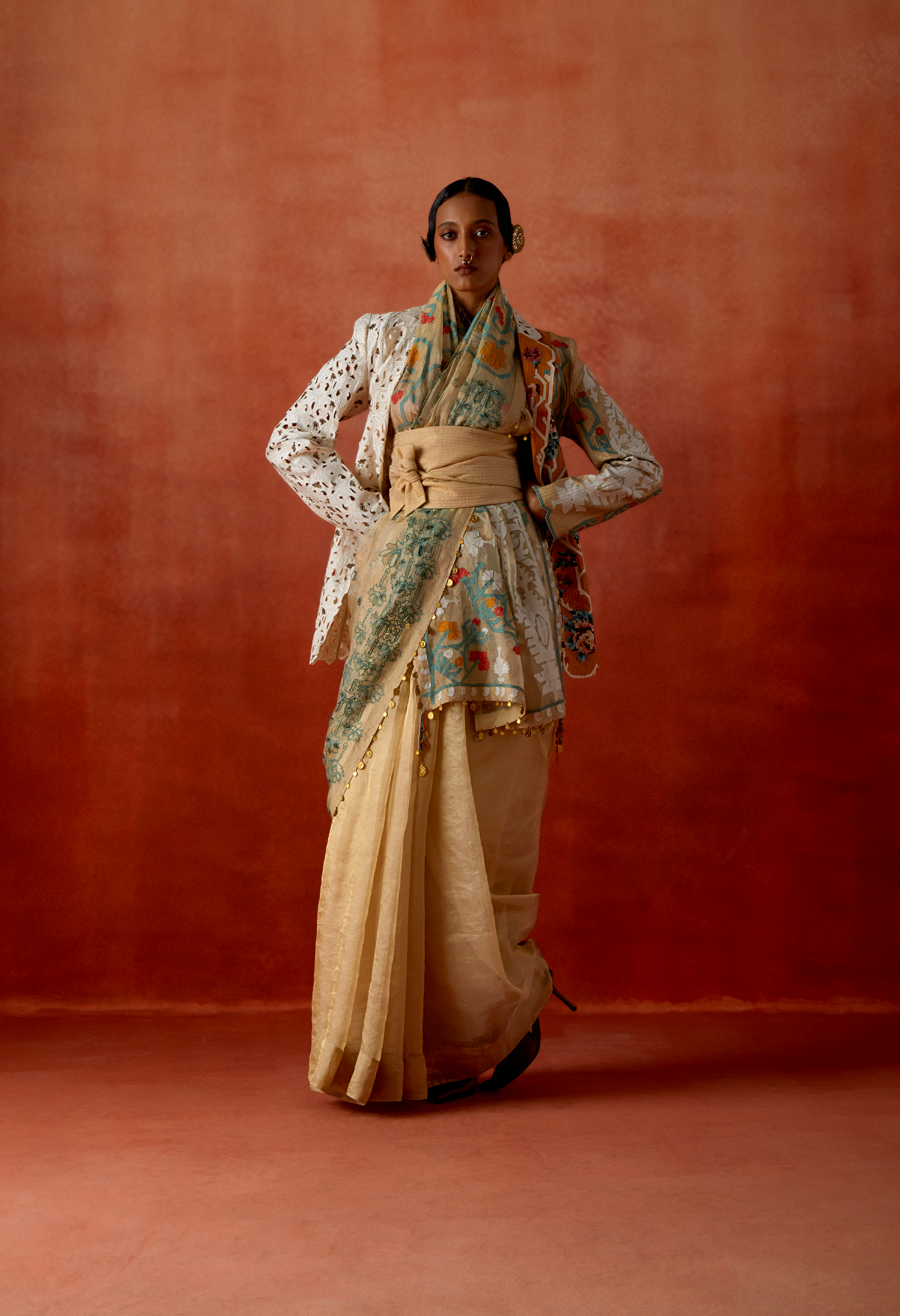 EMBROIDERED GOLD TISSUE SARI WITH TRI COLORED KNOTCH COLLAR JACKET AND BELT