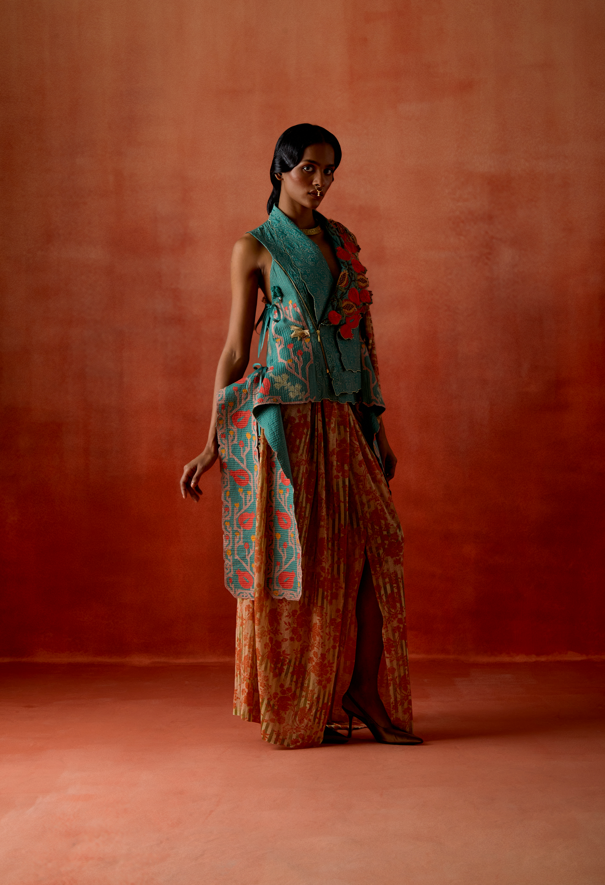 POMEGRANATE EMB DOUBLE LABEL JACKET WITH GOLD DRAPED SKIRT