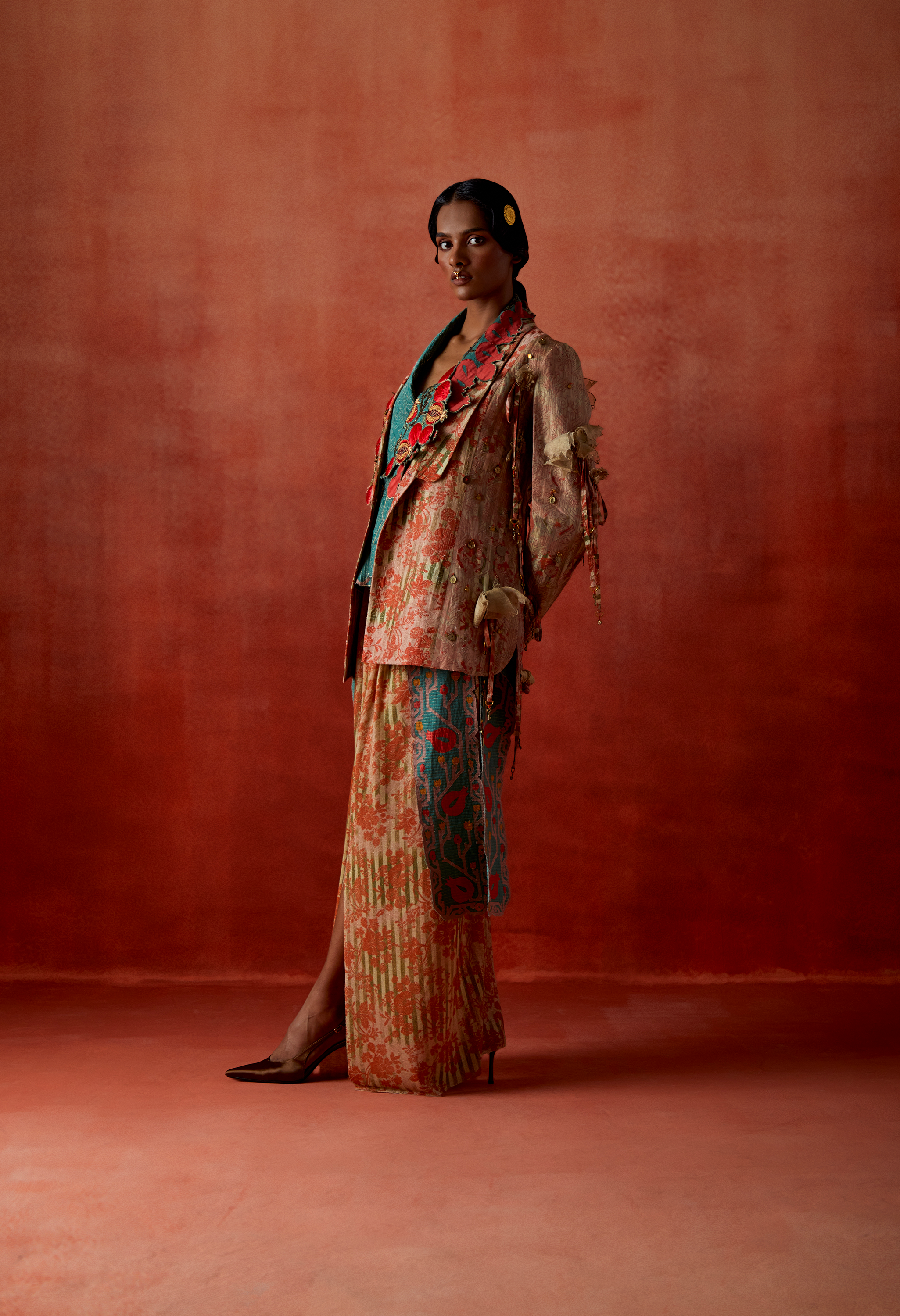 POMEGRANATE EMB DOUBLE LAPEL JACKET WITH GOLD DRAPED SKIRT + POMOGRANATE EMB LAPEL DOUBLE BREASTED JACKET