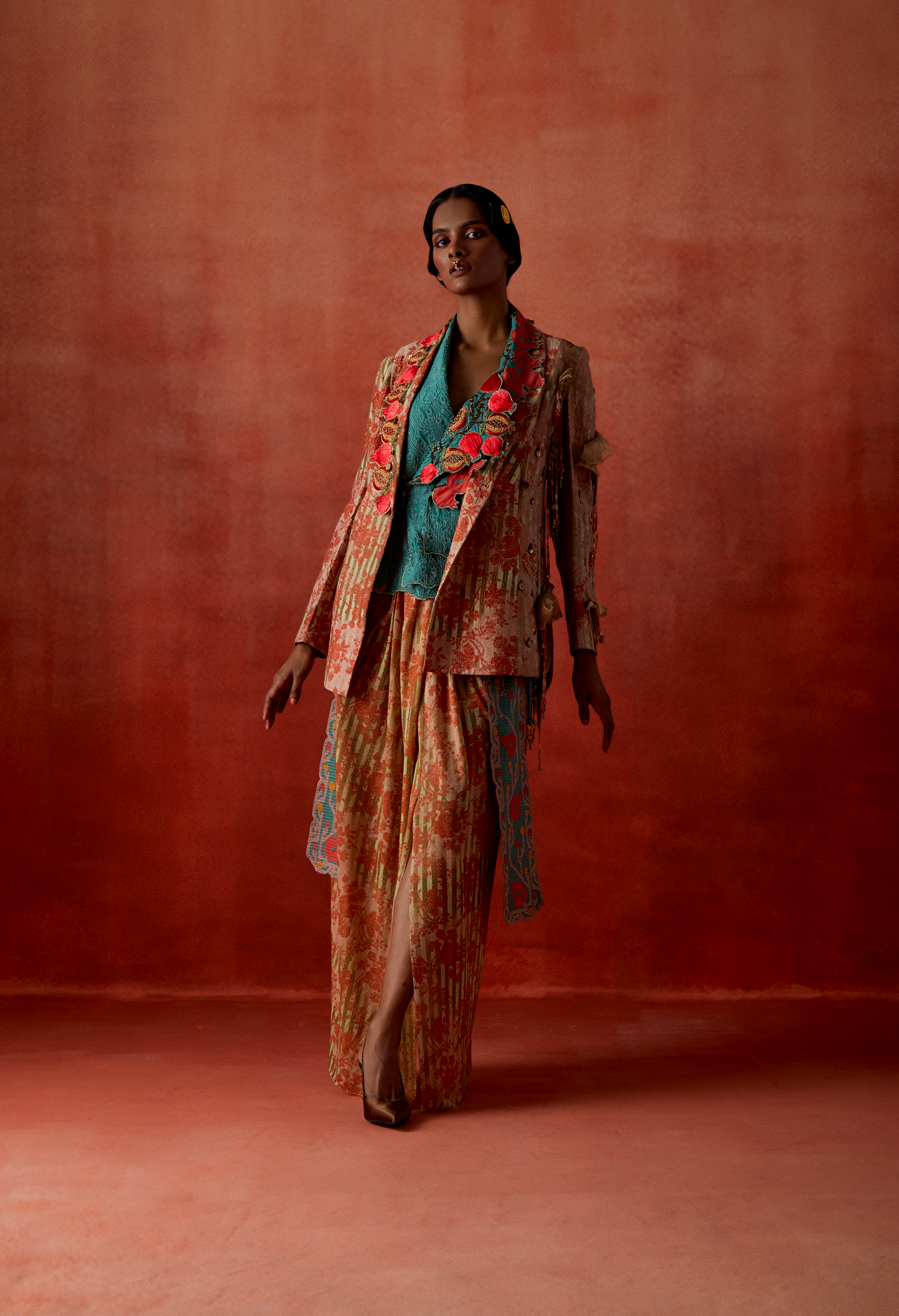 POMEGRANATE EMB DOUBLE LAPEL JACKET WITH GOLD DRAPED SKIRT + POMOGRANATE EMB LAPEL DOUBLE BREASTED JACKET