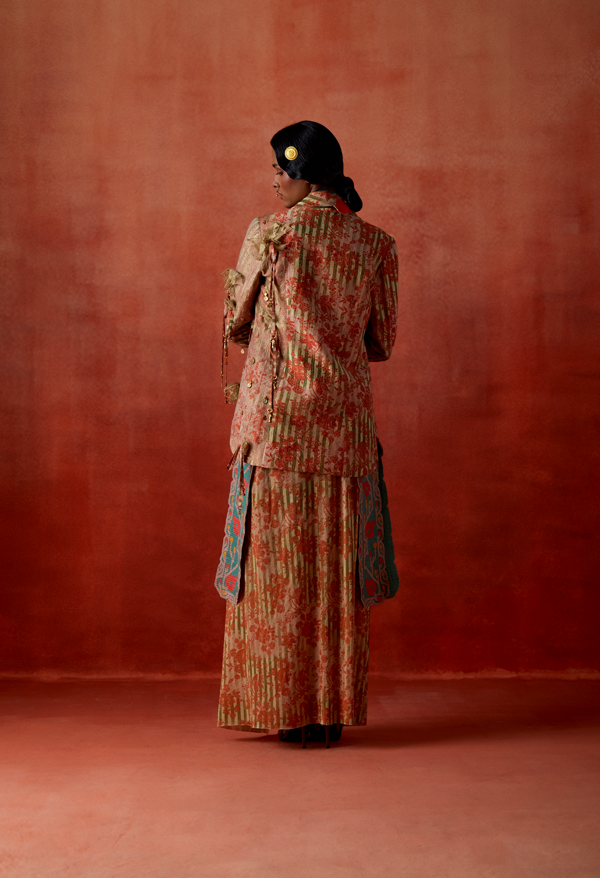 POMEGRANATE EMB DOUBLE LAPEL JACKET WITH GOLD DRAPED SKIRT + POMOGRANATE EMB LAPEL DOUBLE BREASTED JACKET