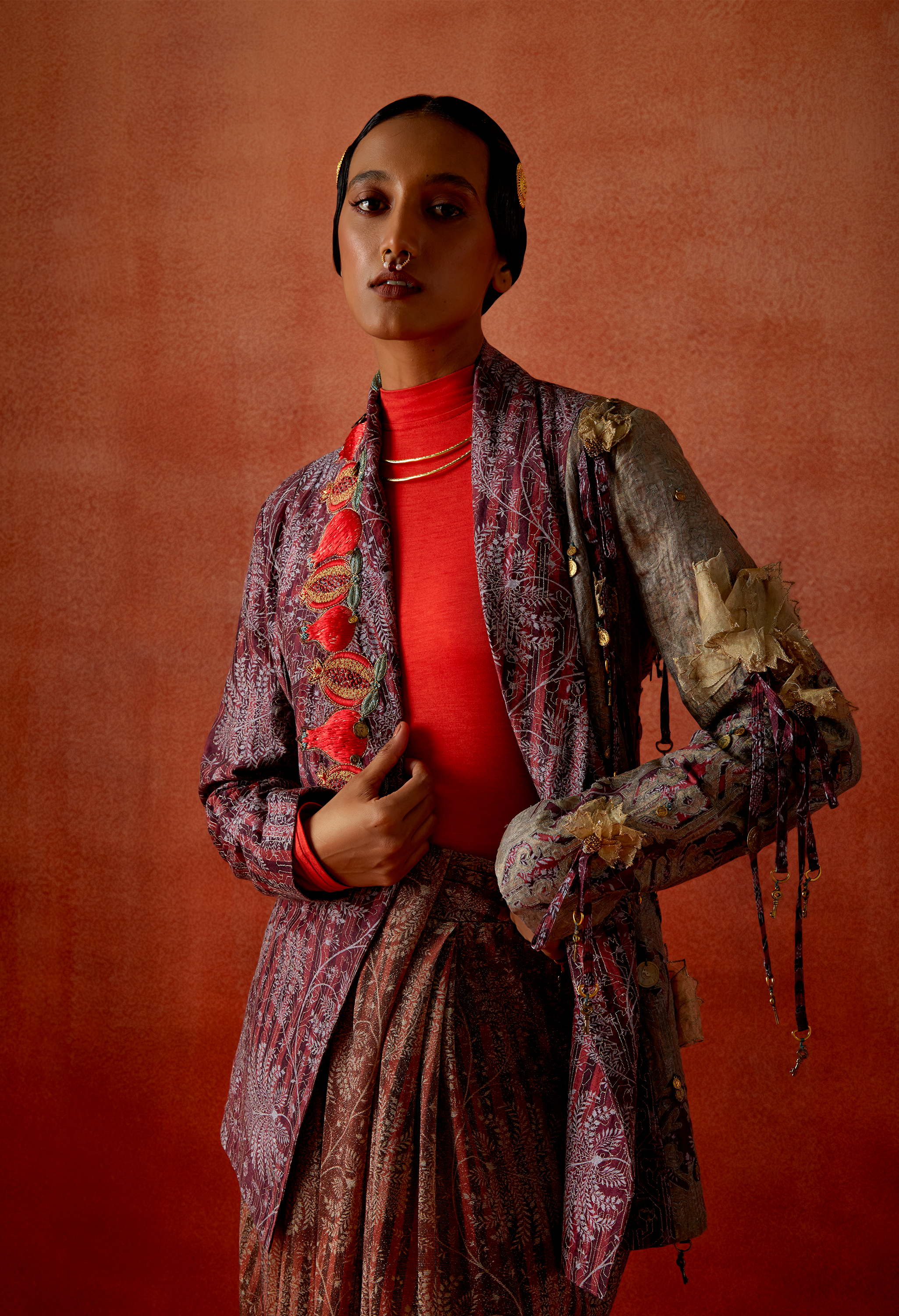 POMEGRANATE EMB DOUBLE LAPEL JACKET WITH GOLD DRAPED SKIRT