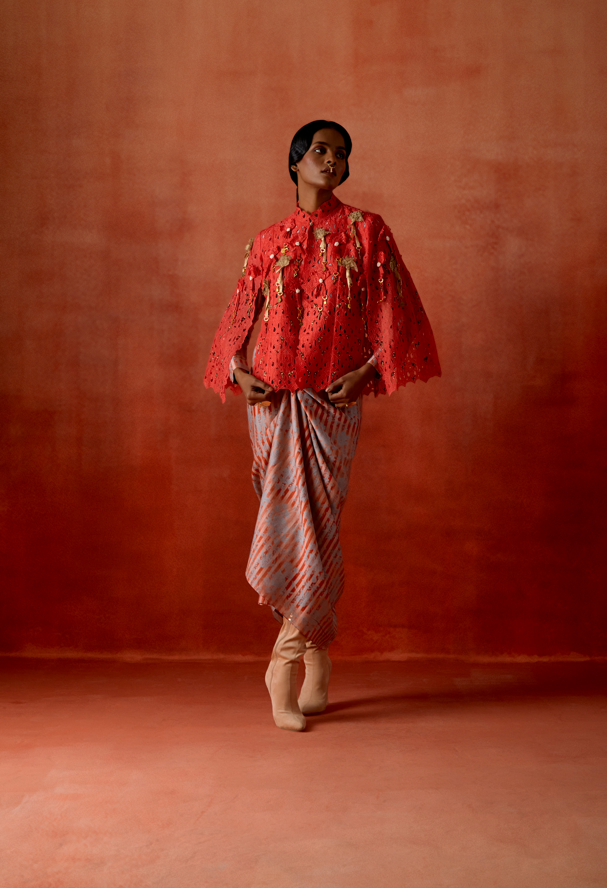 CUTWORK EMB CAPE WITH KNOTTED PULL UP DRESS