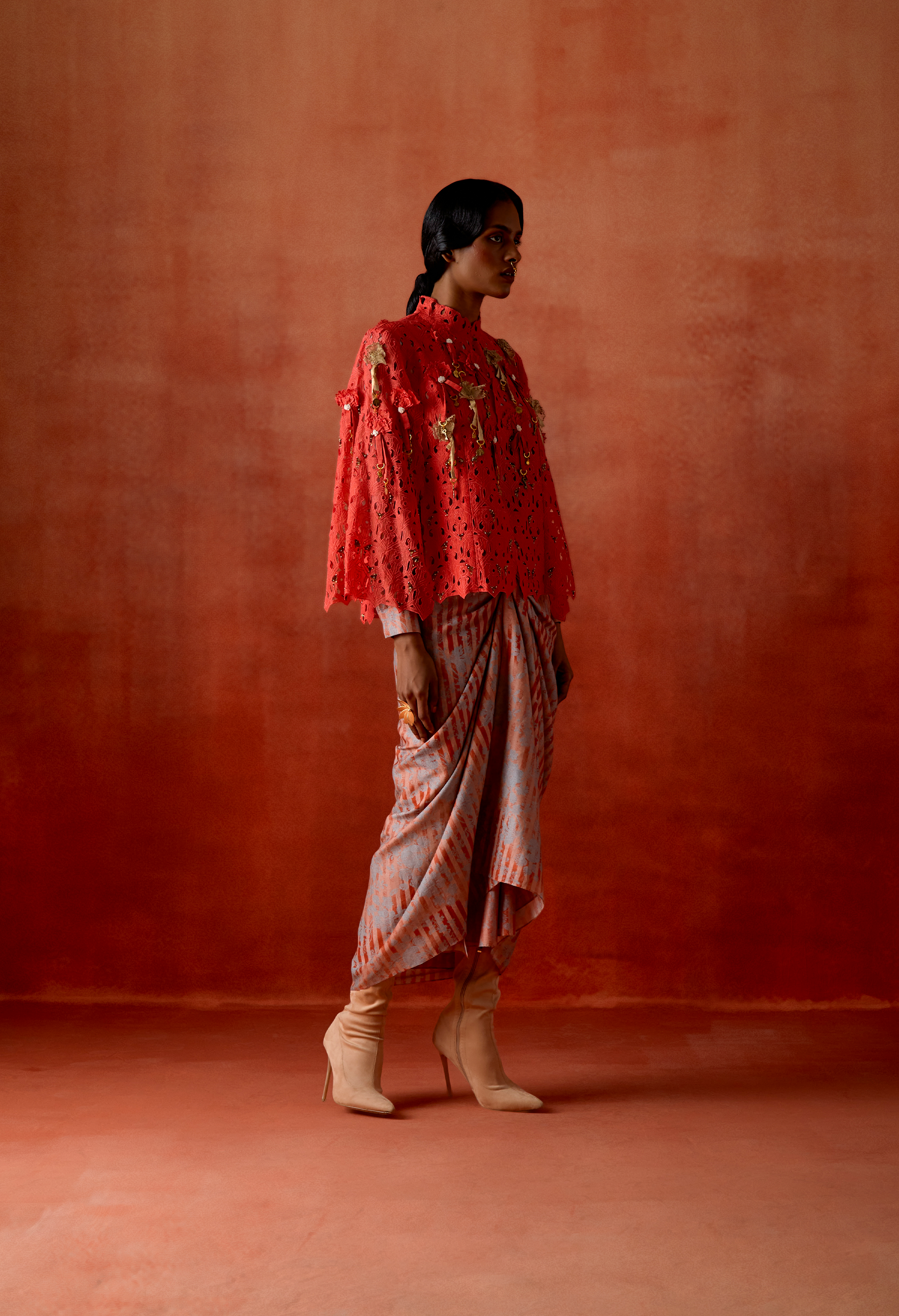 CUTWORK EMB CAPE WITH KNOTTED PULL UP DRESS