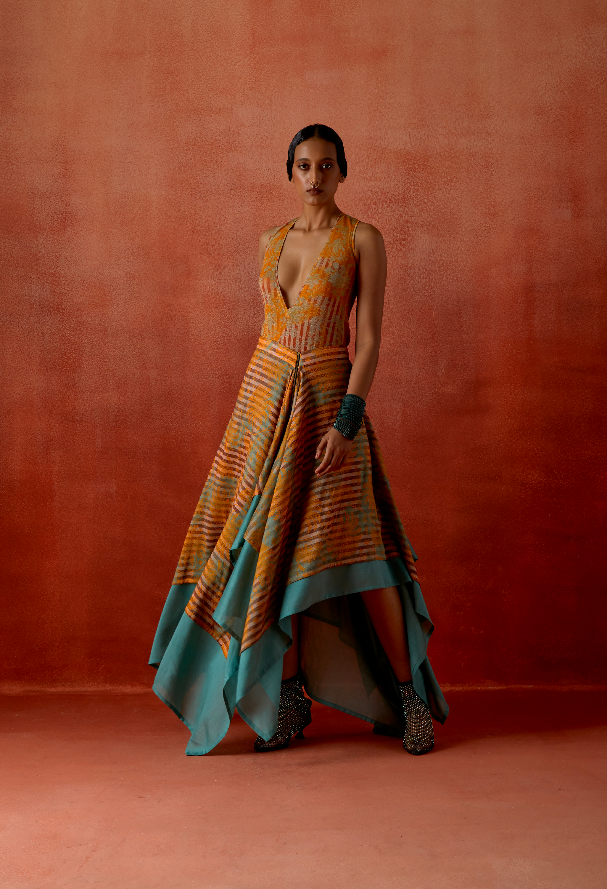 PRINTED DRAPED ORGANZA SHRUG WITH BODYSUIT AND ZIPPERED DOUBLE LAYERED SKIRT