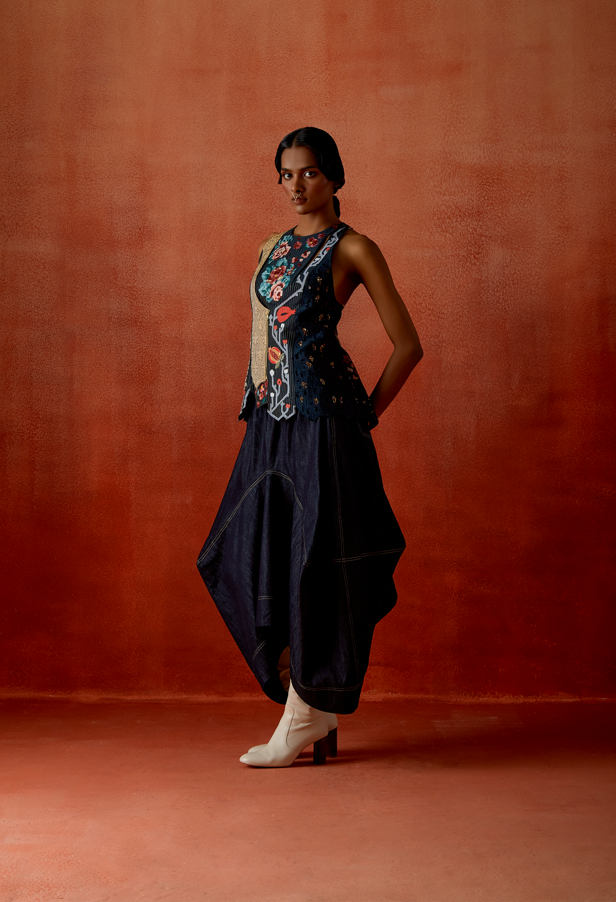 ANGRAKHA STYLE JACKET WITH ZIPPERED KURTA AND DENIM BARREL SKIRT