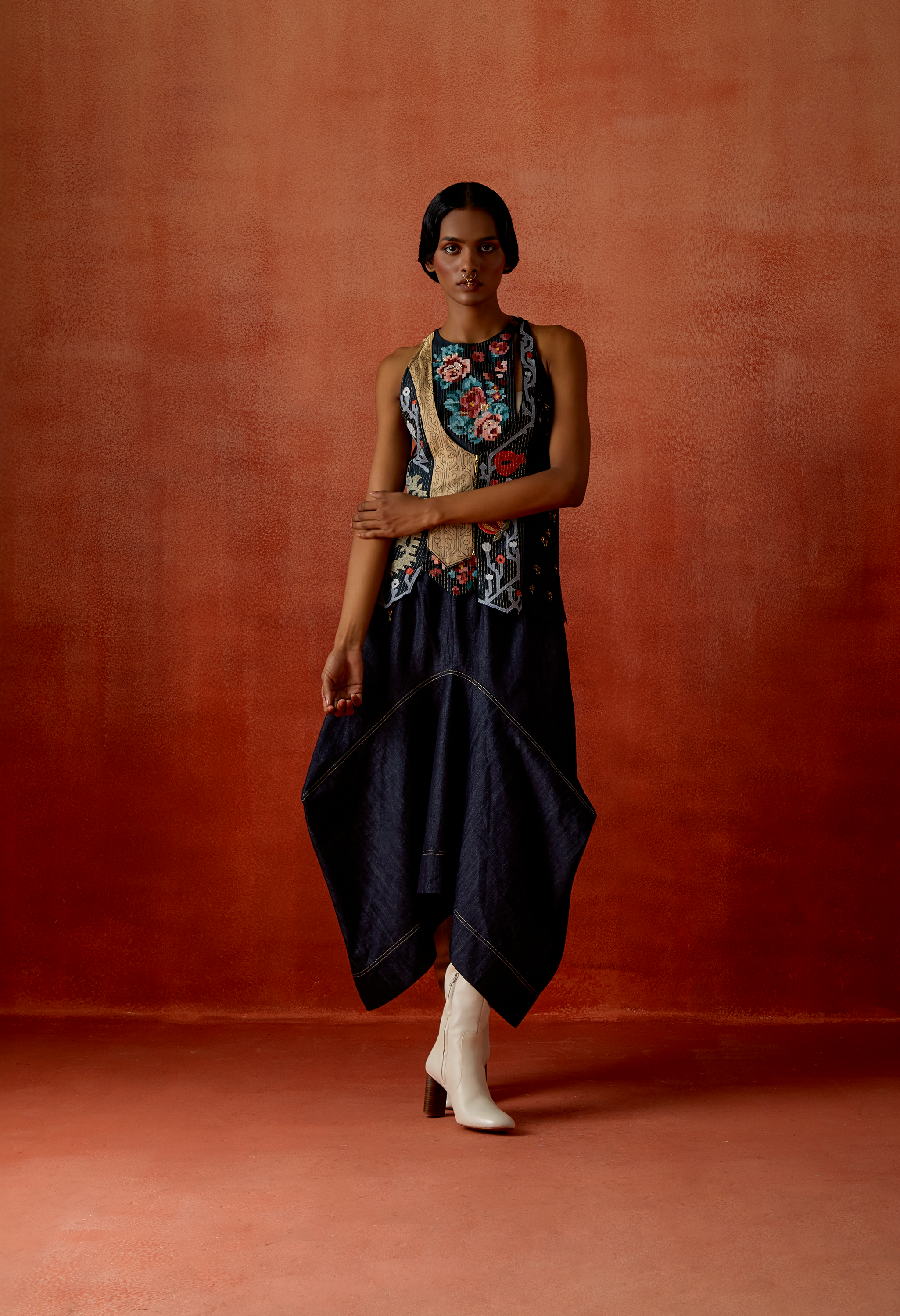 ANGRAKHA STYLE JACKET WITH ZIPPERED KURTA AND DENIM BARREL SKIRT