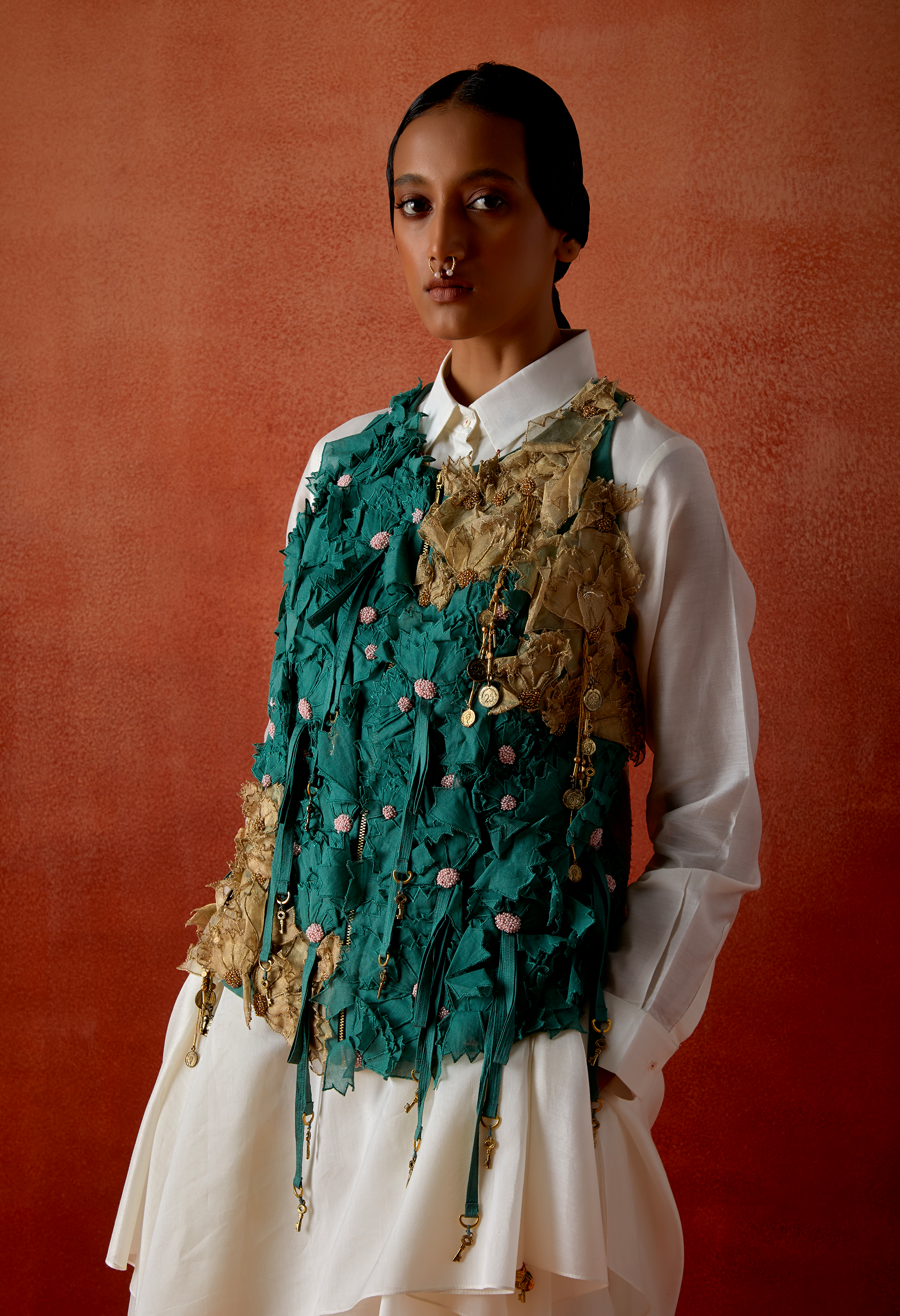 3D FLOWER RACER BACK JACKET WITH DRAPED SHIRT AND EMB DENIM PANTS