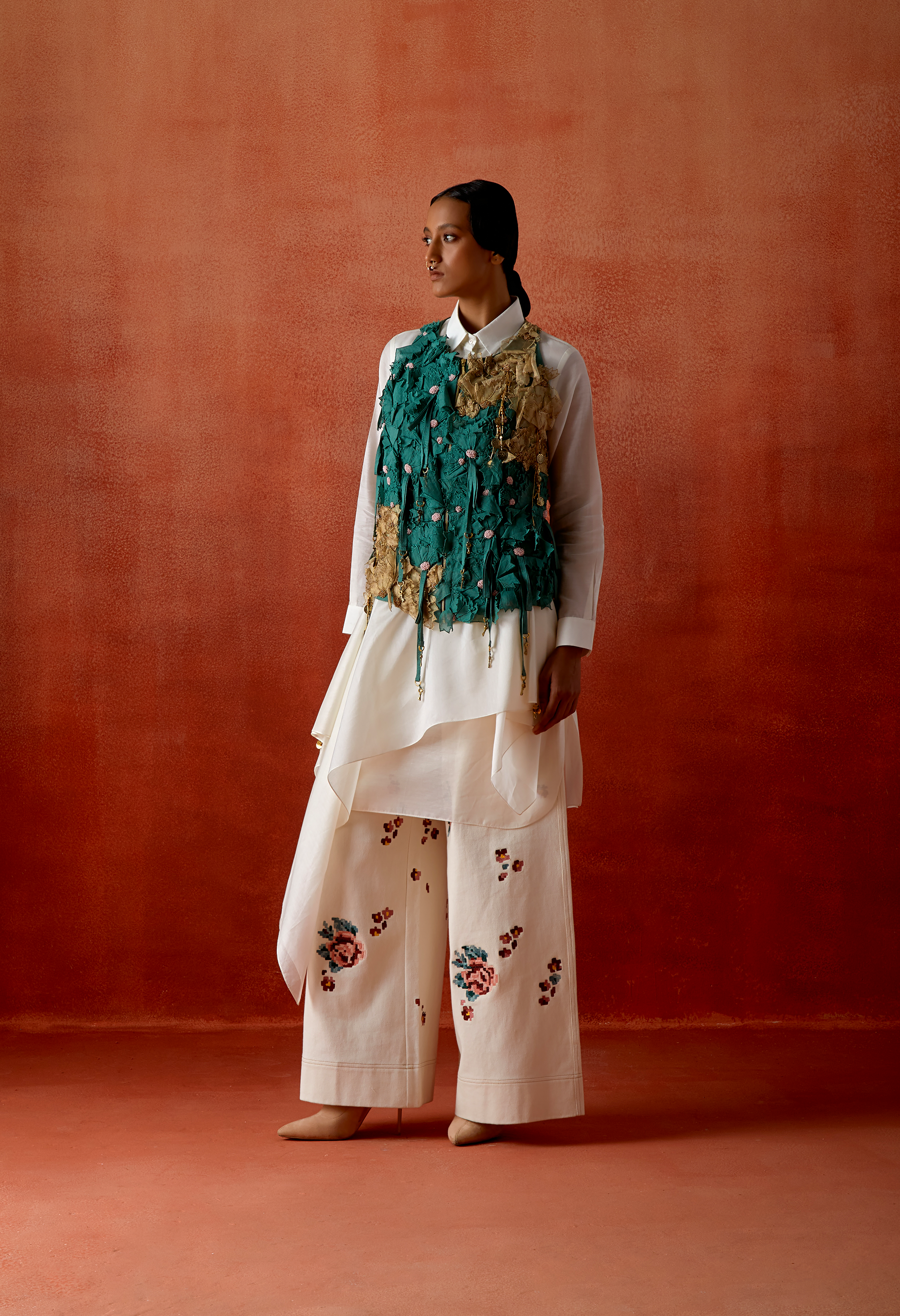 3D FLOWER RACER BACK JACKET WITH DRAPED SHIRT AND EMB DENIM PANTS