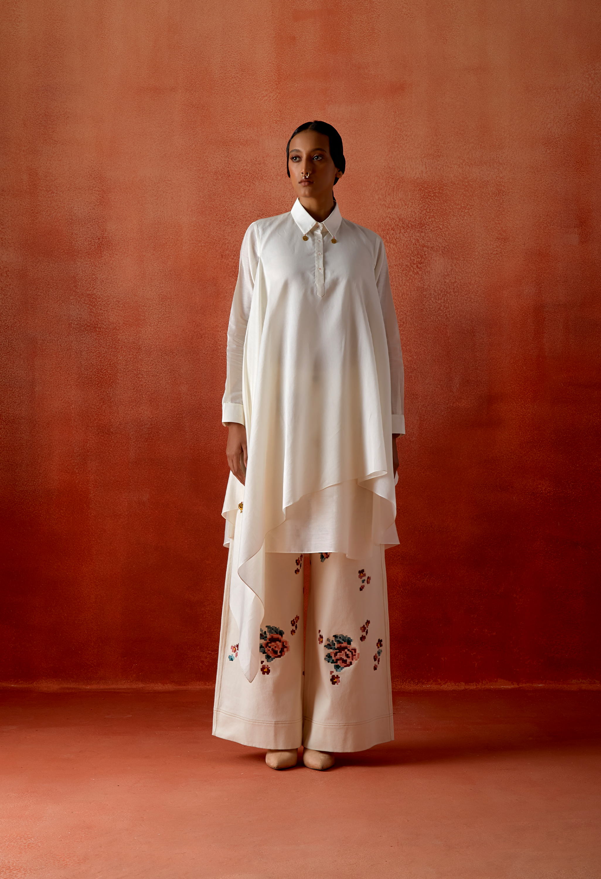 3D FLOWER RACER BACK JACKET WITH DRAPED SHIRT AND EMB DENIM PANTS