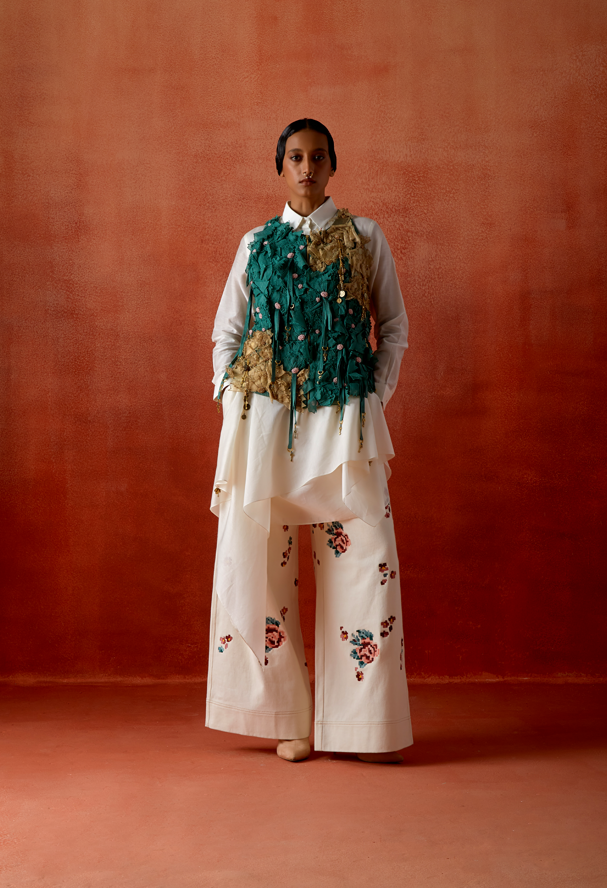 3D FLOWER RACER BACK JACKET WITH DRAPED SHIRT AND EMB DENIM PANTS