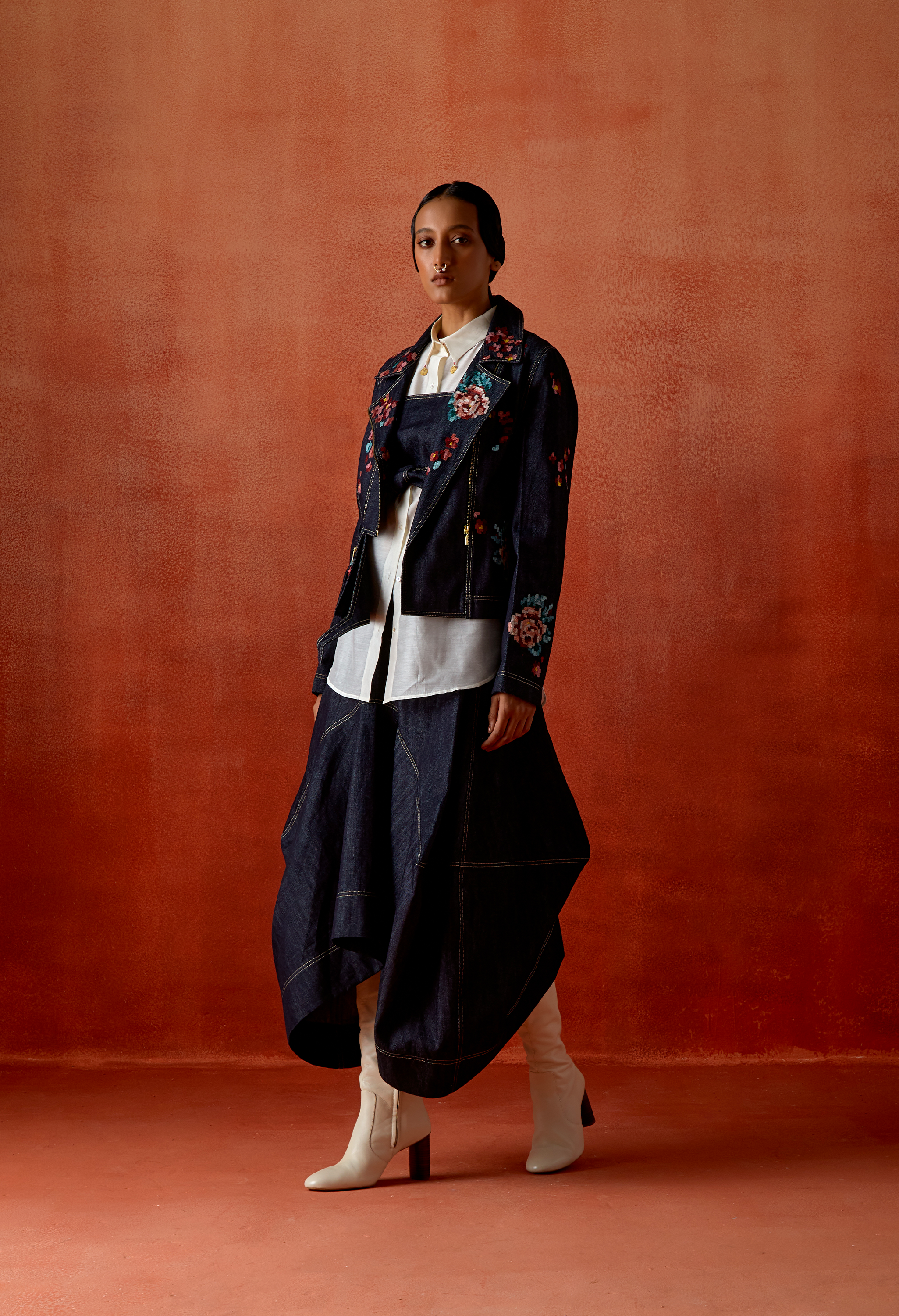 IVORY CHANDERI SHIRT + DENIM BARREL SKIRT + OB BELT