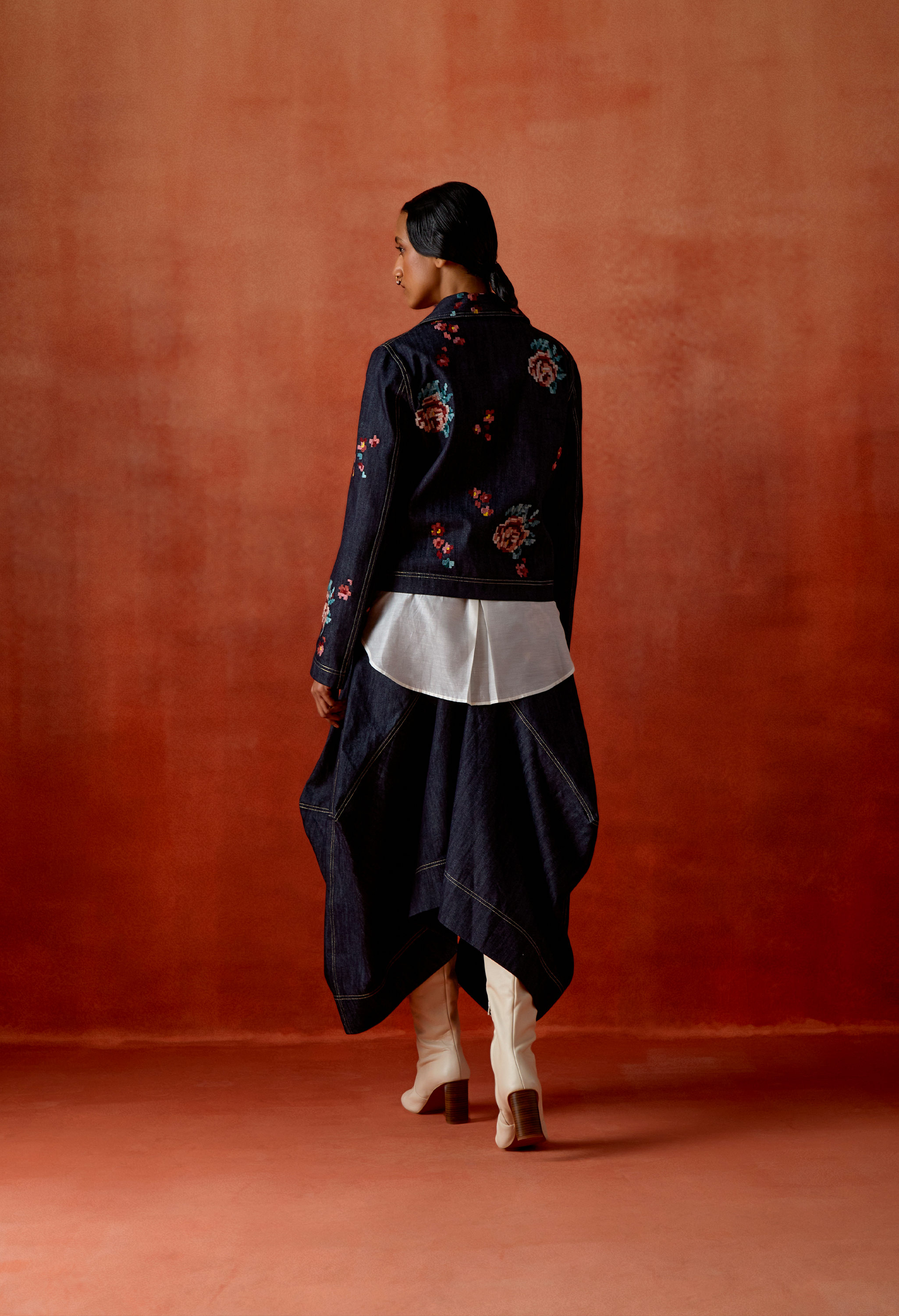 EMB DENIM BIKER JACKET WITH IVORY CHANDERI SHIRT + DENIM BARREL SKIRT + OB BELT