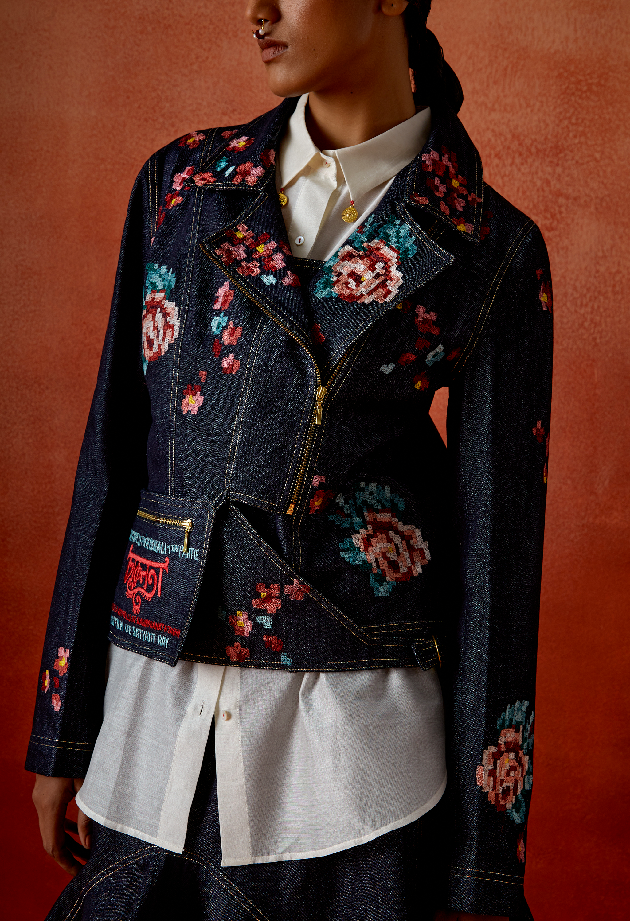 EMB DENIM BIKER JACKET WITH IVORY CHANDERI SHIRT + DENIM BARREL SKIRT + OB BELT