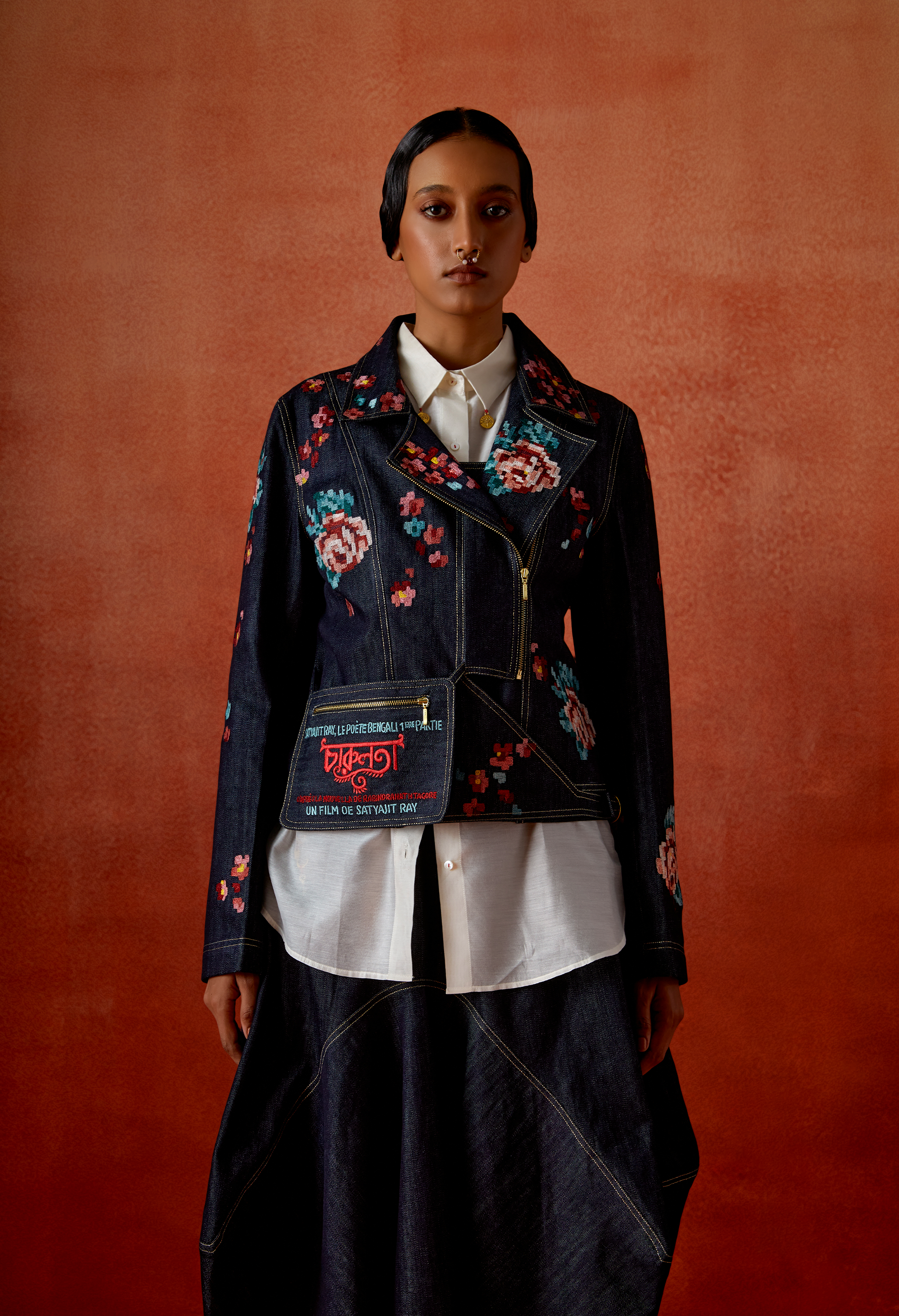 EMB DENIM BIKER JACKET WITH IVORY CHANDERI SHIRT + DENIM BARREL SKIRT + OB BELT