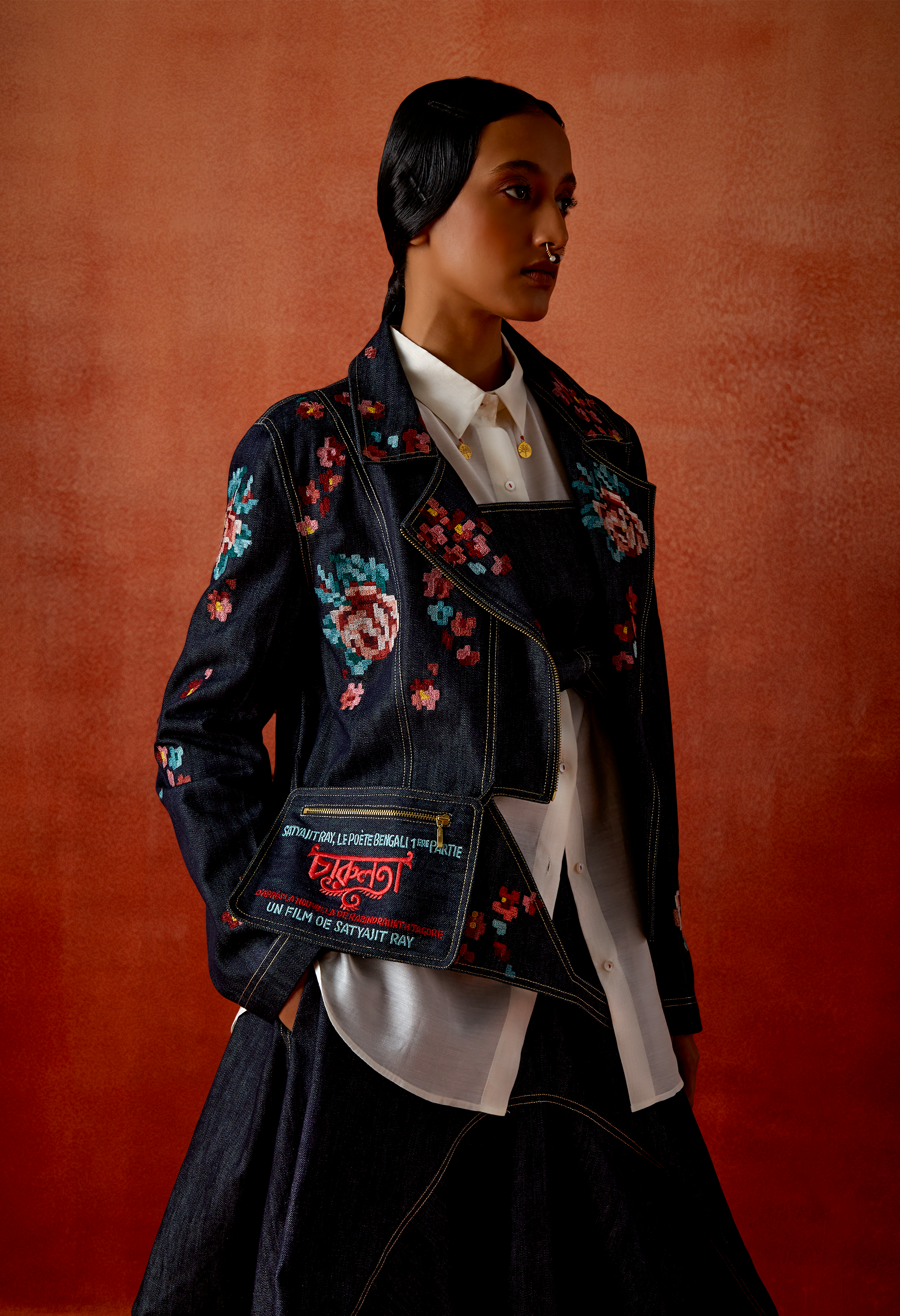 EMB DENIM BIKER JACKET WITH IVORY CHANDERI SHIRT + DENIM BARREL SKIRT + OB BELT