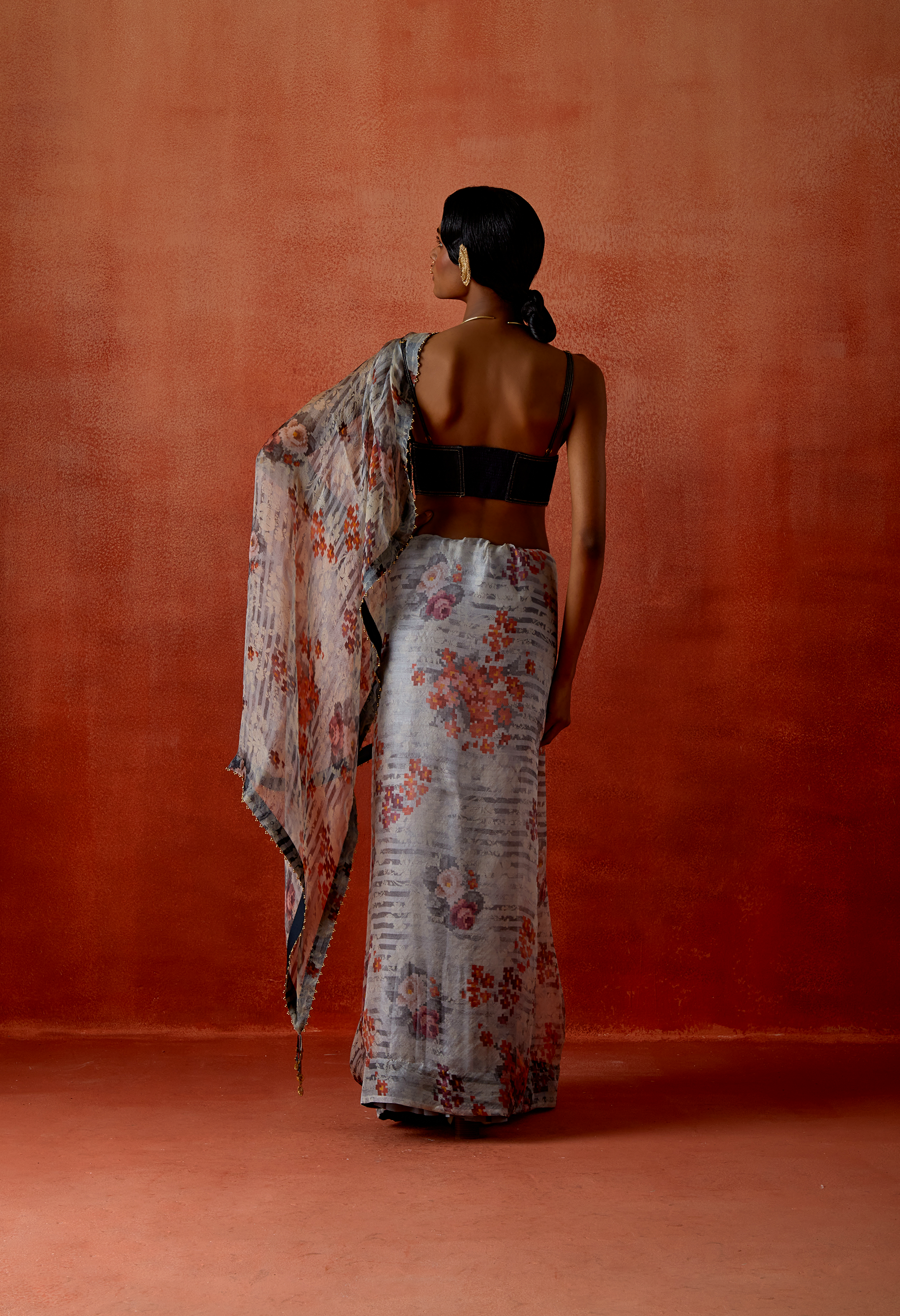 PRINTED ORGANZA SARI WITH EMB DENIM BIKER JACKET