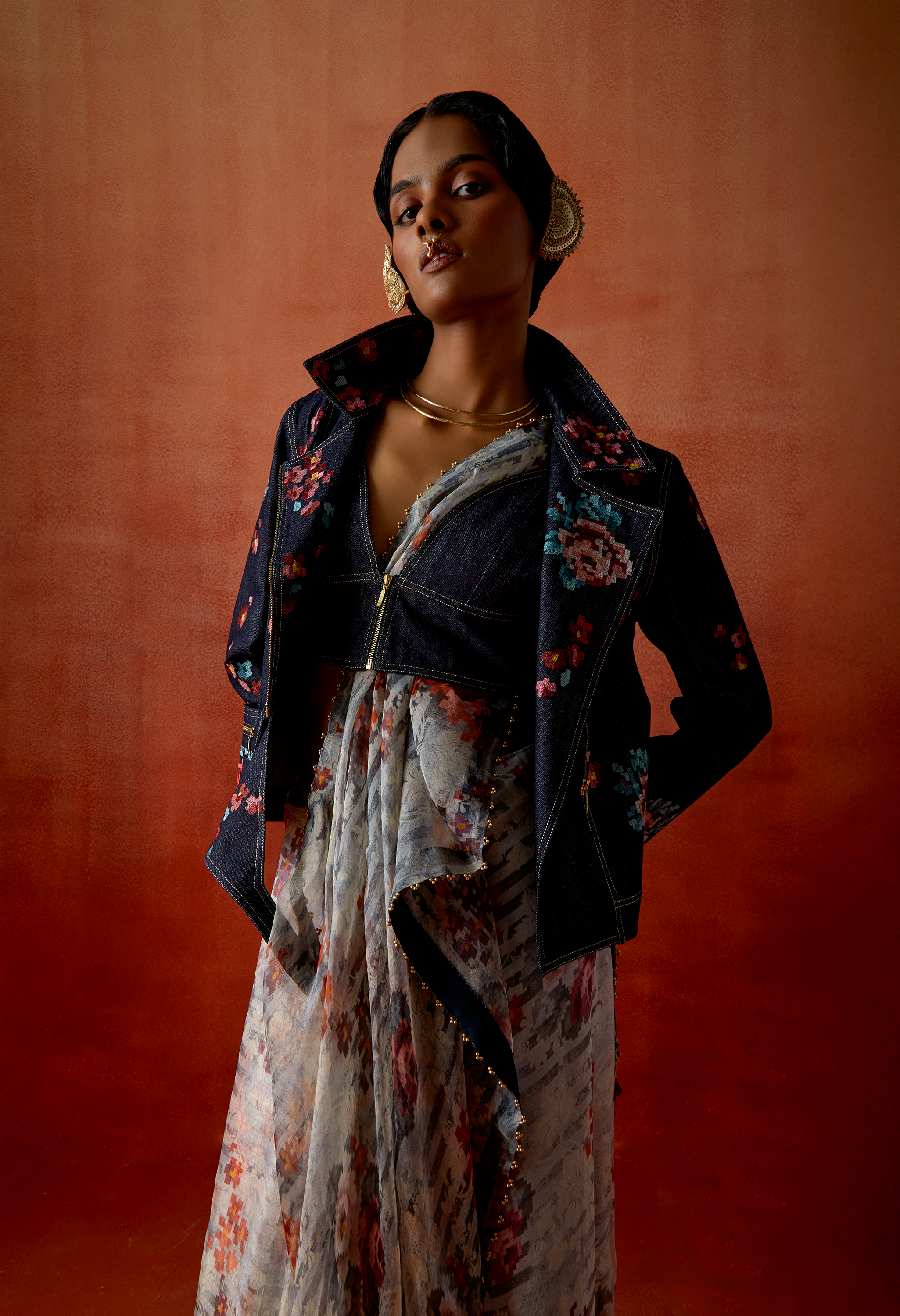 PRINTED ORGANZA SARI WITH EMB DENIM BIKER JACKET