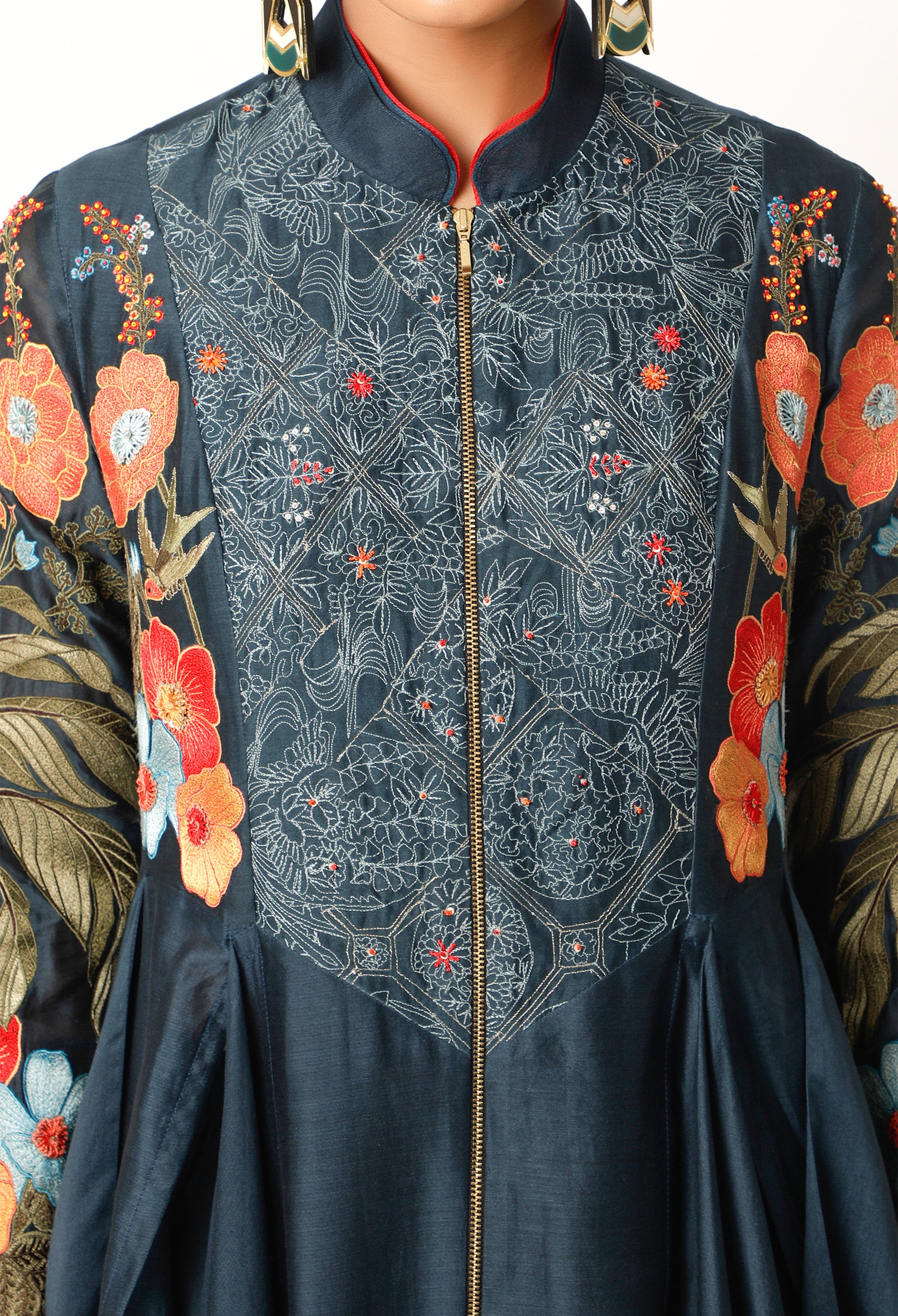 FOLIAGE EMBROIDERED ZIPPERED ANGRAKHA WITH PANTS