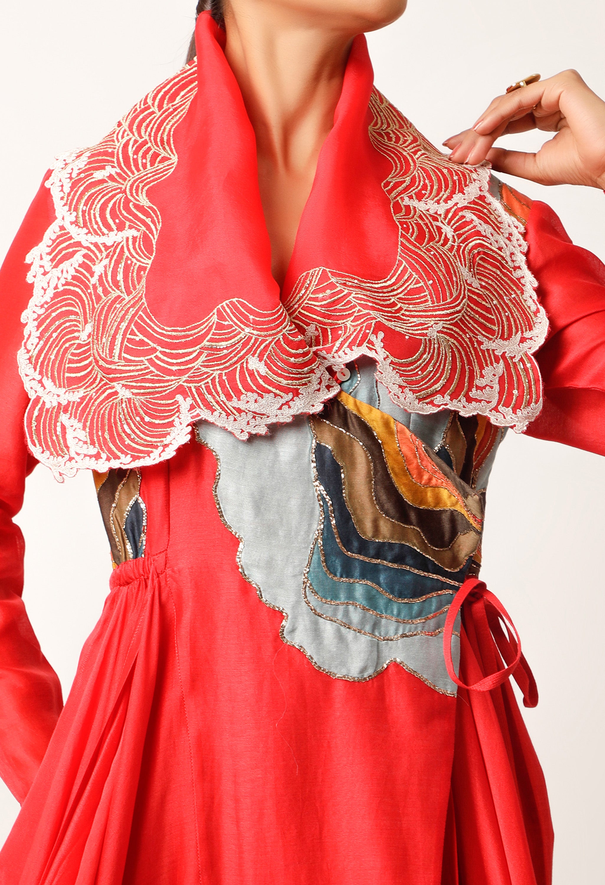 WAVES EMBROIDERED DRAPED COLLAR ANGRAKHA WITH PANTS