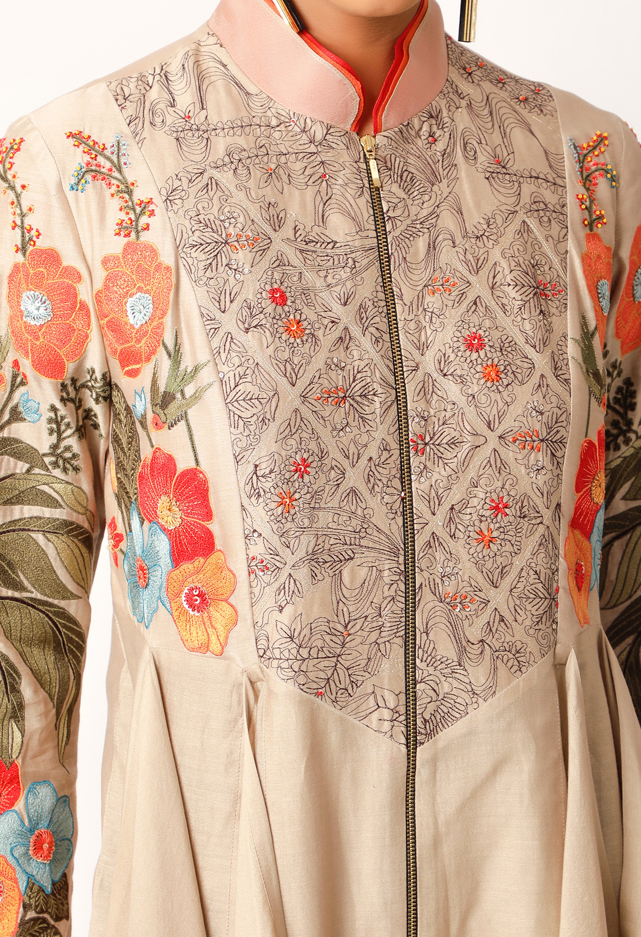 FOLIAGE EMBROIDERED ZIPPERED ANGRAKHA WITH PANTS