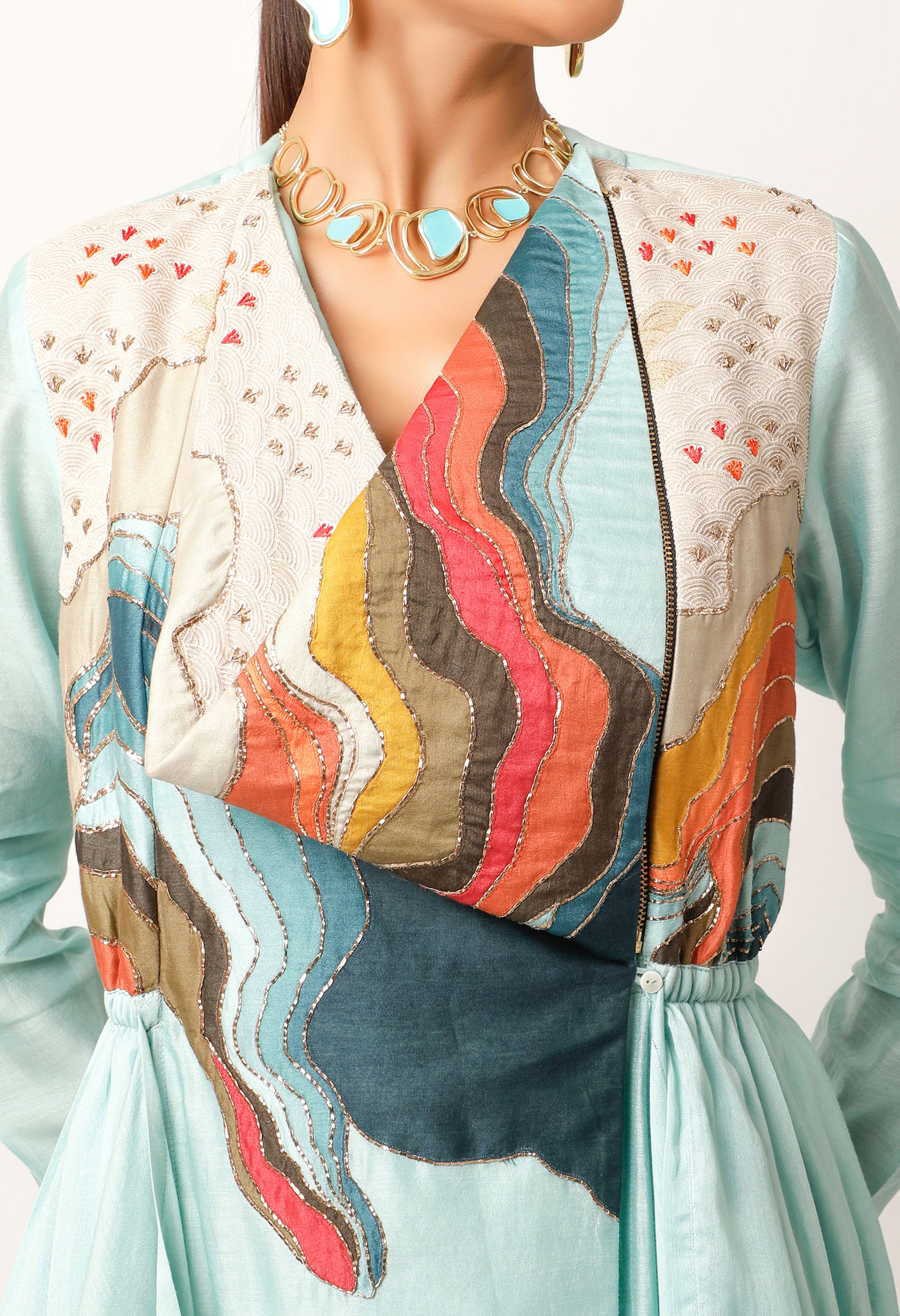 LANDSCAPE EMBROIDERED ZIPPERED ANGRAKHA WITH PANTS