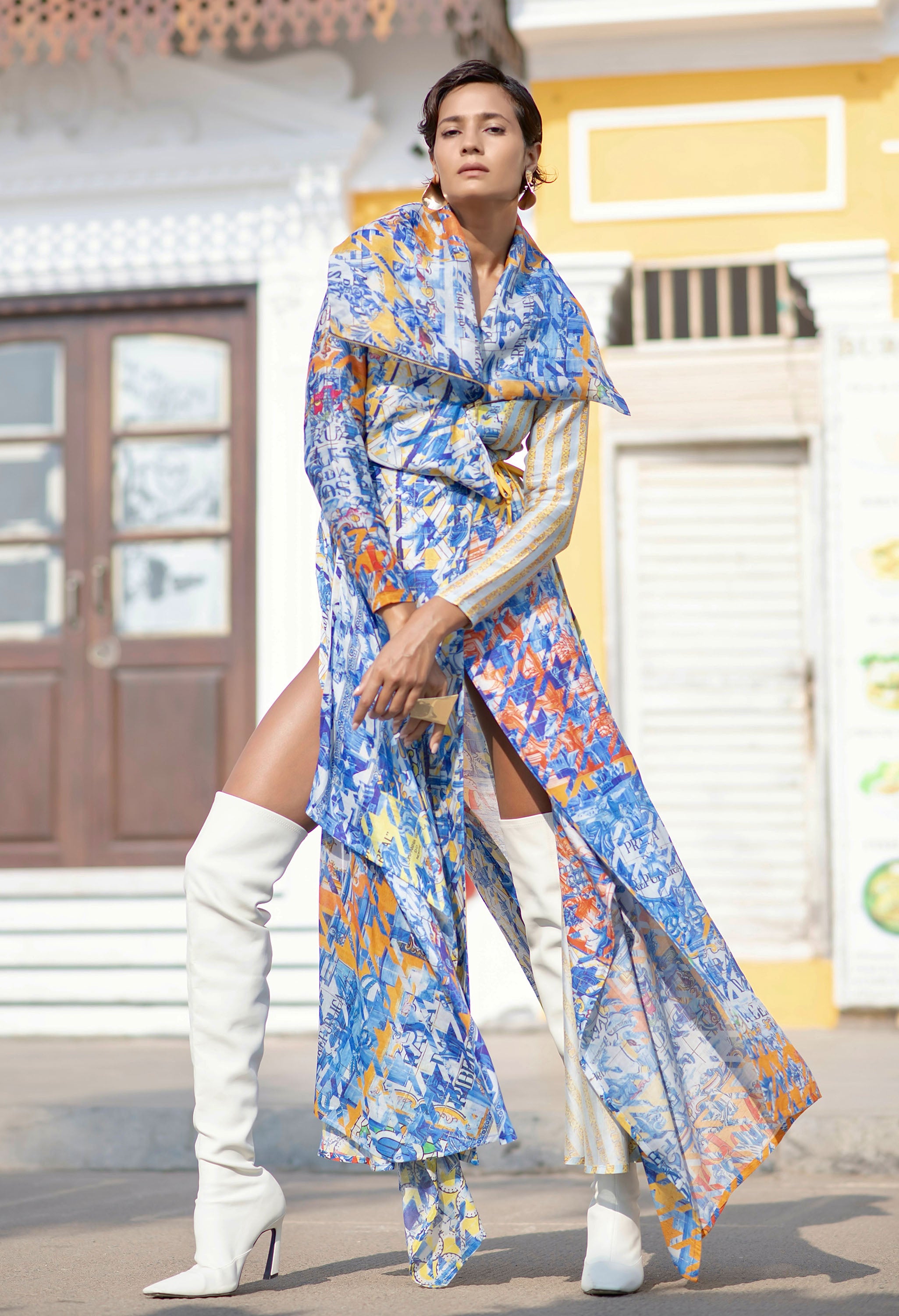 PRINTED DRAPED COLLAR ANGRAKHA WITH PRINTED PANTS